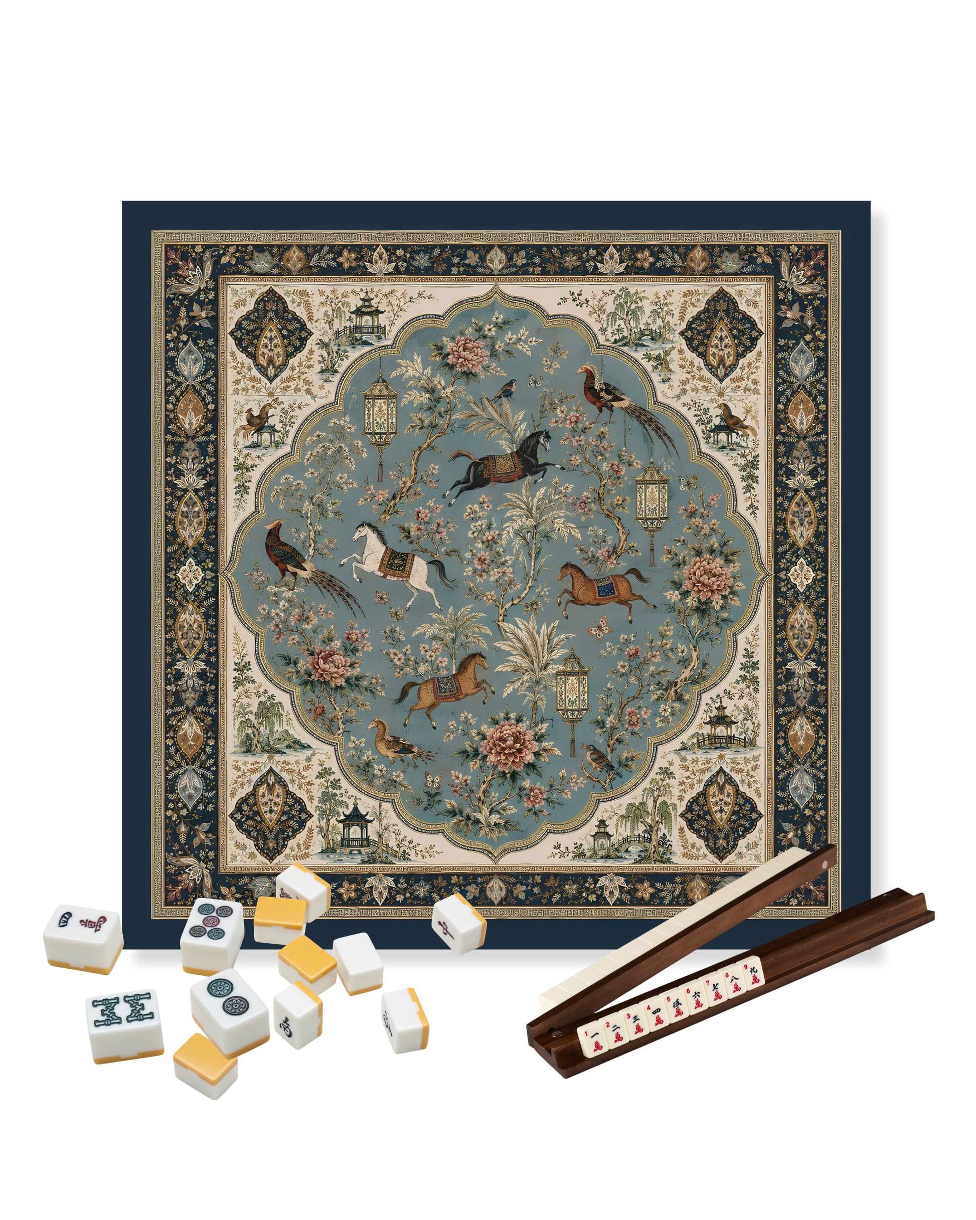 Square mahjong table mat with ornate blue center medallion and decorative border design