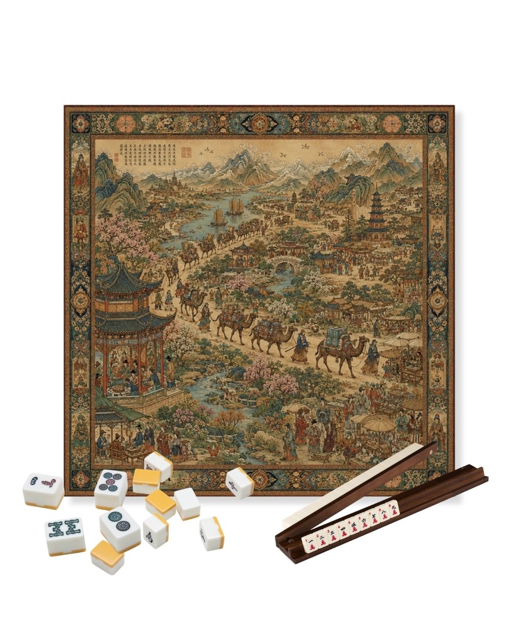 Premsons® Silk Roads of Xi’an Mahjong Table Mat – Premium Anti-Slip Square Gaming & Decorative Mat - 23 x 23 inch - Versatile Non-Slip Play Surface