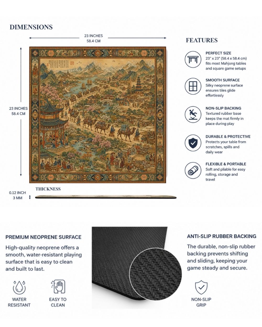 Premsons® Silk Roads of Xi’an Mahjong Table Mat – Premium Anti-Slip Square Gaming & Decorative Mat - 23 x 23 inch - Versatile Non-Slip Play Surface