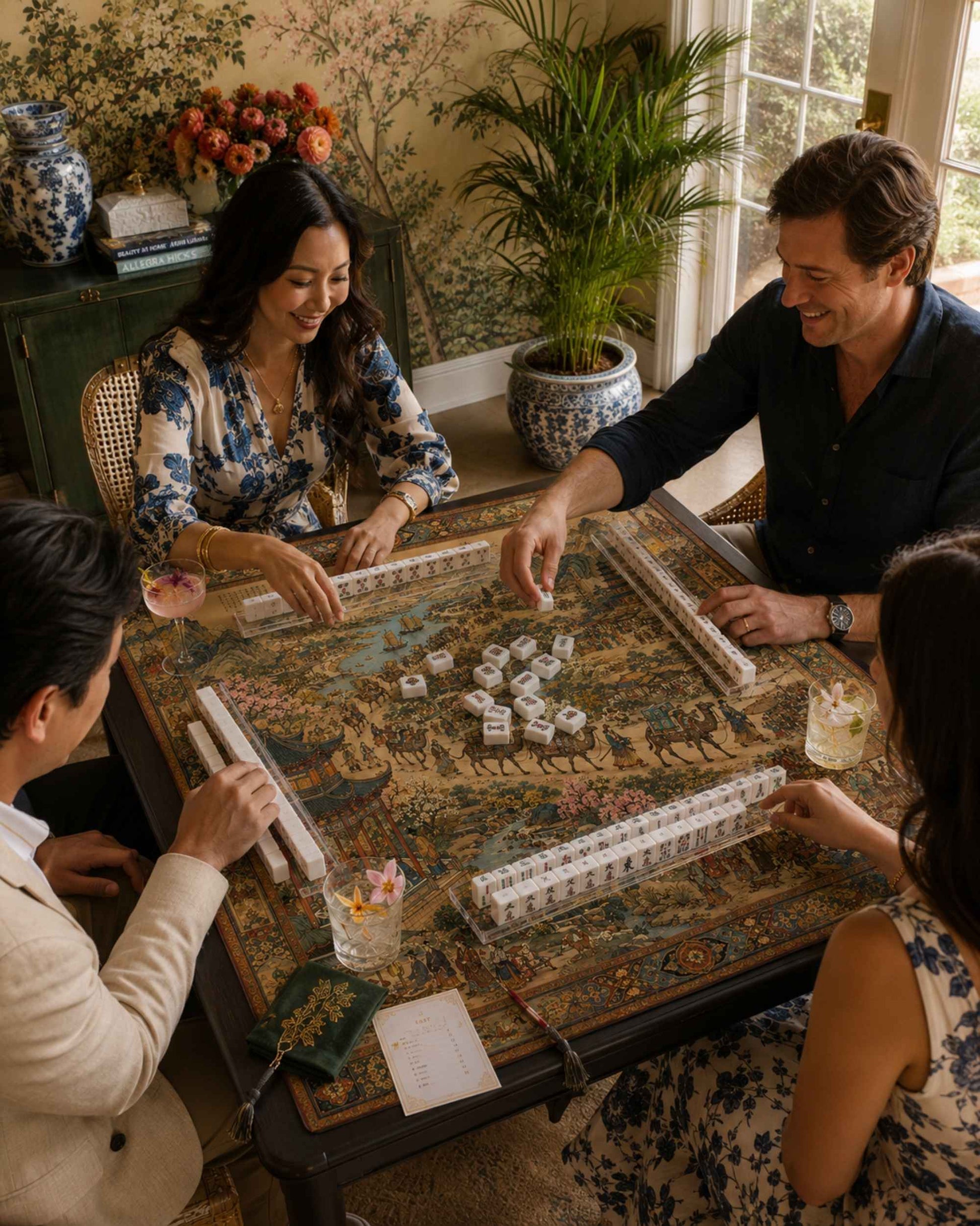 Square decorative table mat spread on a table for mahjong-style play