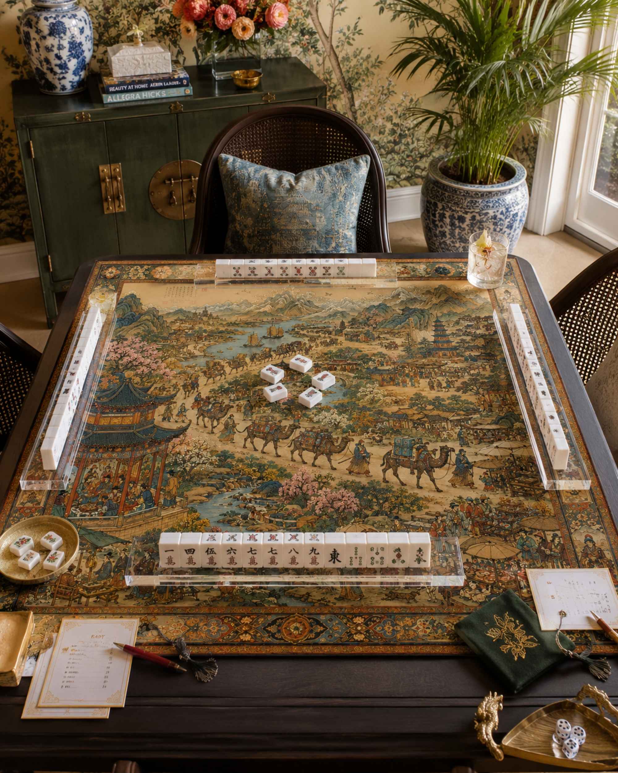 Square decorative table mat with landscape artwork on a tabletop, scattered tiles