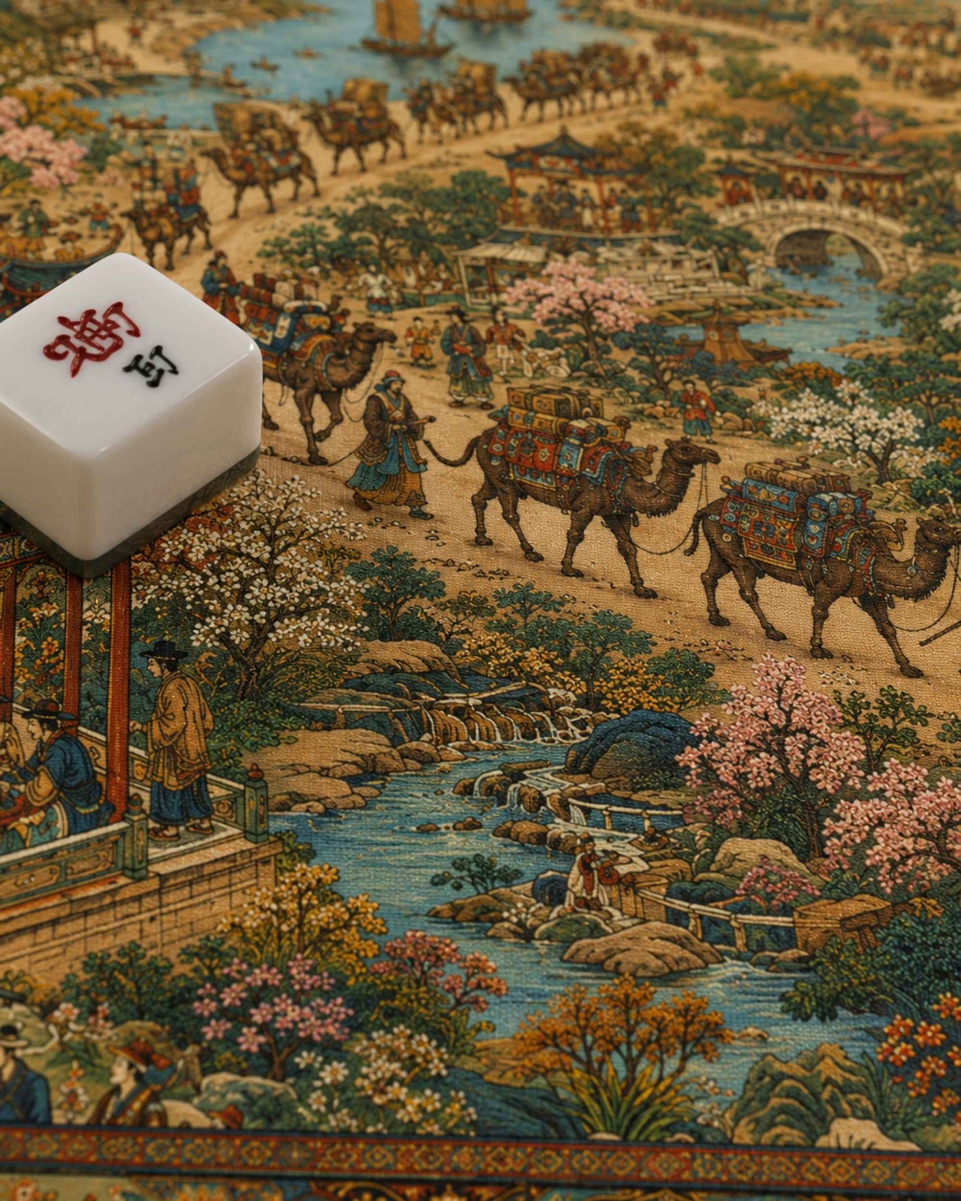 Square mat close-up with colorful landscape artwork and a white mahjong tile