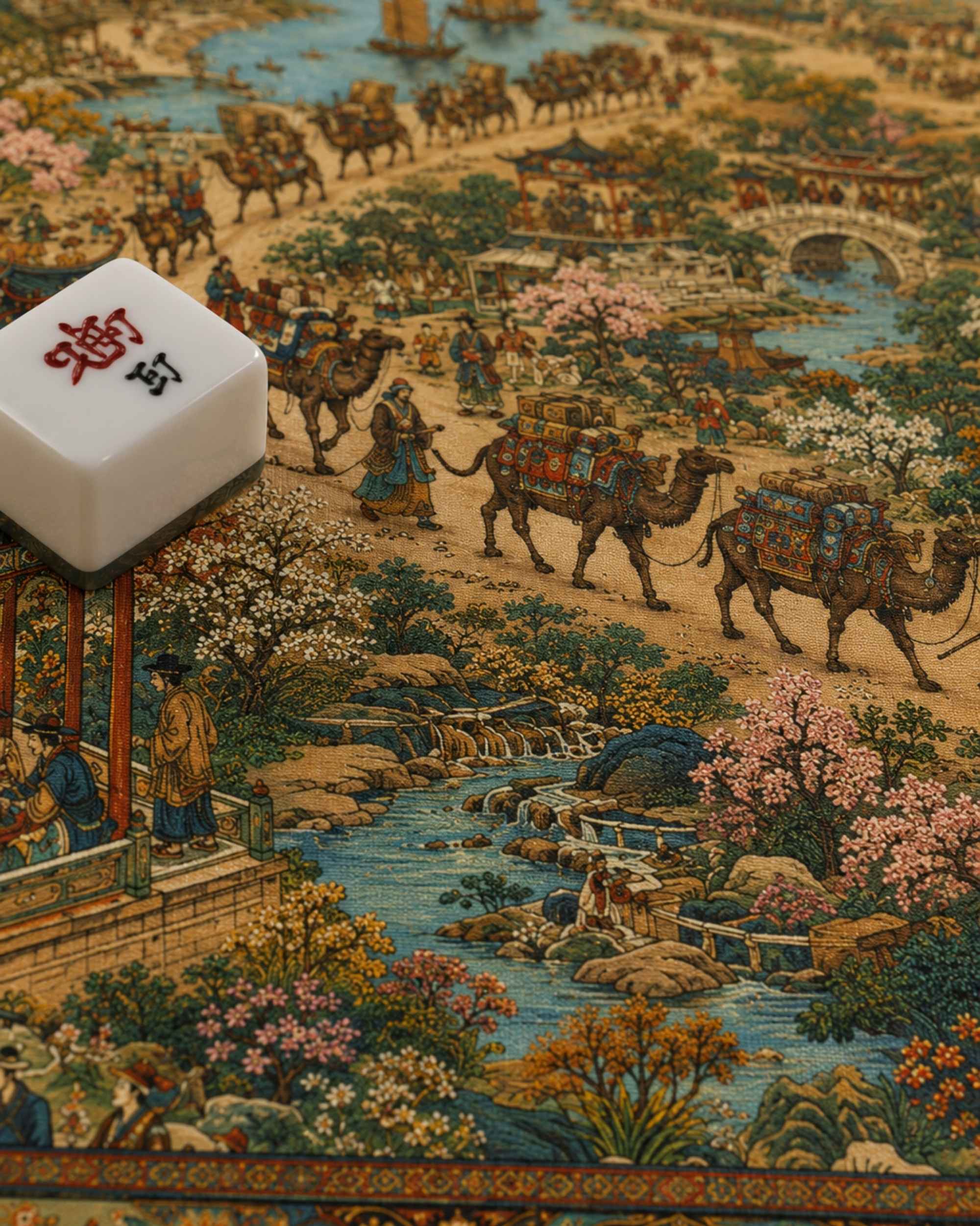 Square mat close-up with colorful landscape artwork and a white mahjong tile