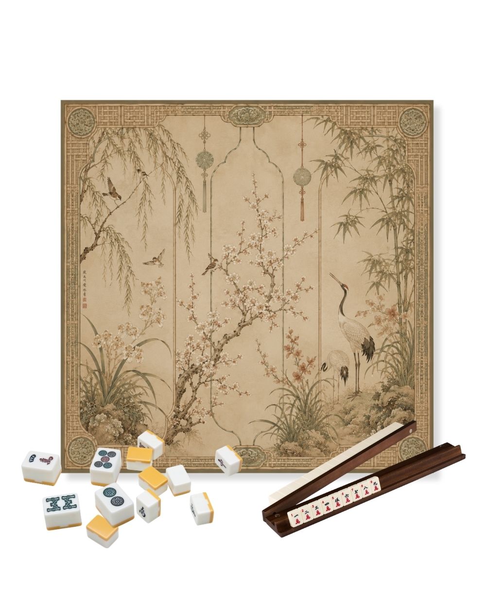 Premsons® Silk & Crane Mahjong Table Mat – Premium Anti-Slip Square Gaming & Decorative Mat - 23 x 23 inch - Versatile Non-Slip Play Surface
