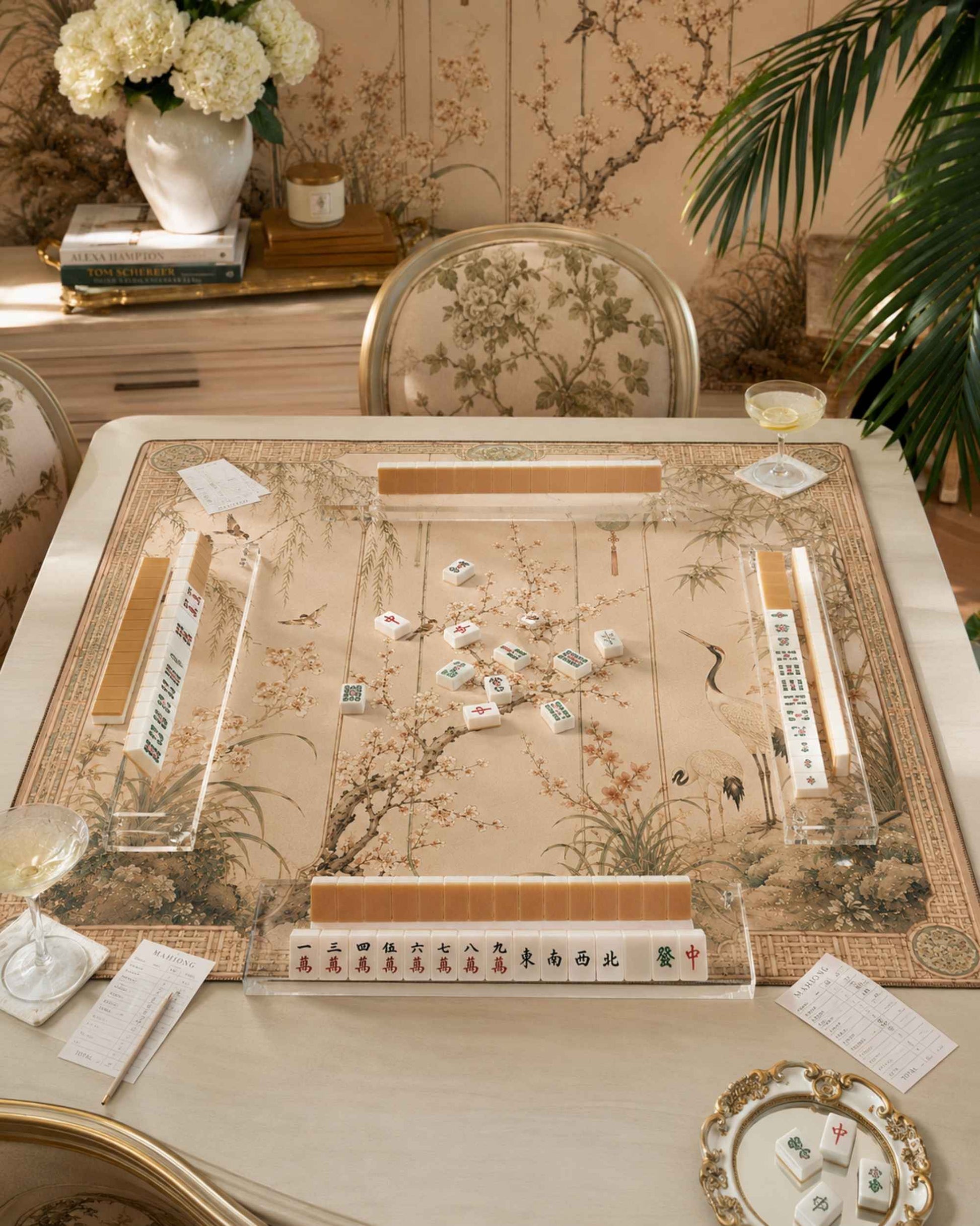 Beige square decorative mahjong table mat with floral vines and border design