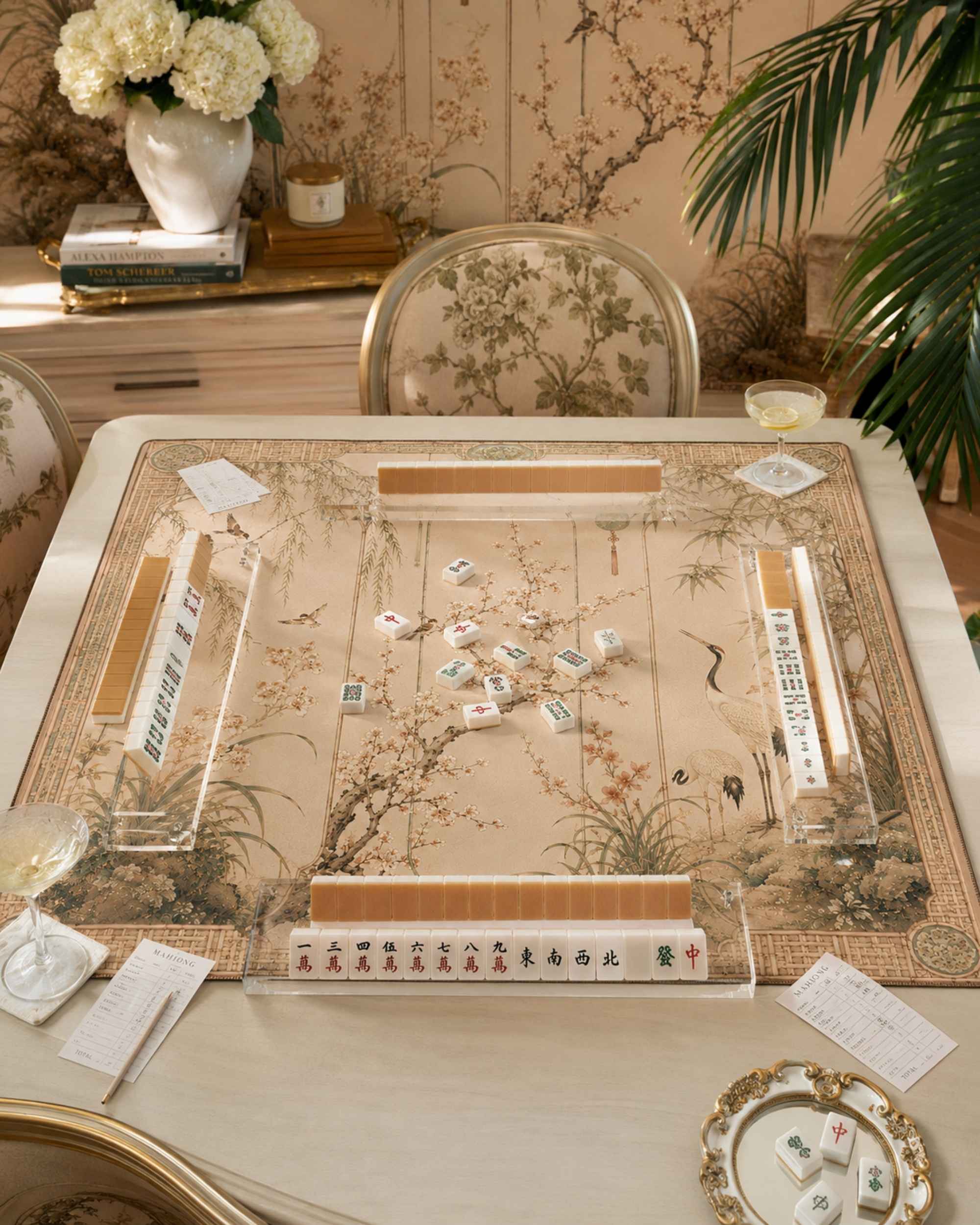 Premsons® Silk & Crane Mahjong Table Mat – Premium Anti-Slip Square Gaming & Decorative Mat - 23 x 23 inch - Versatile Non-Slip Play Surface