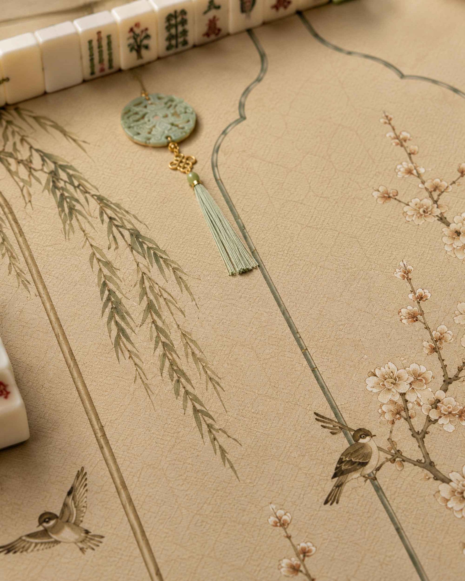 Beige decorative mahjong mat corner with branch and cherry blossom pattern