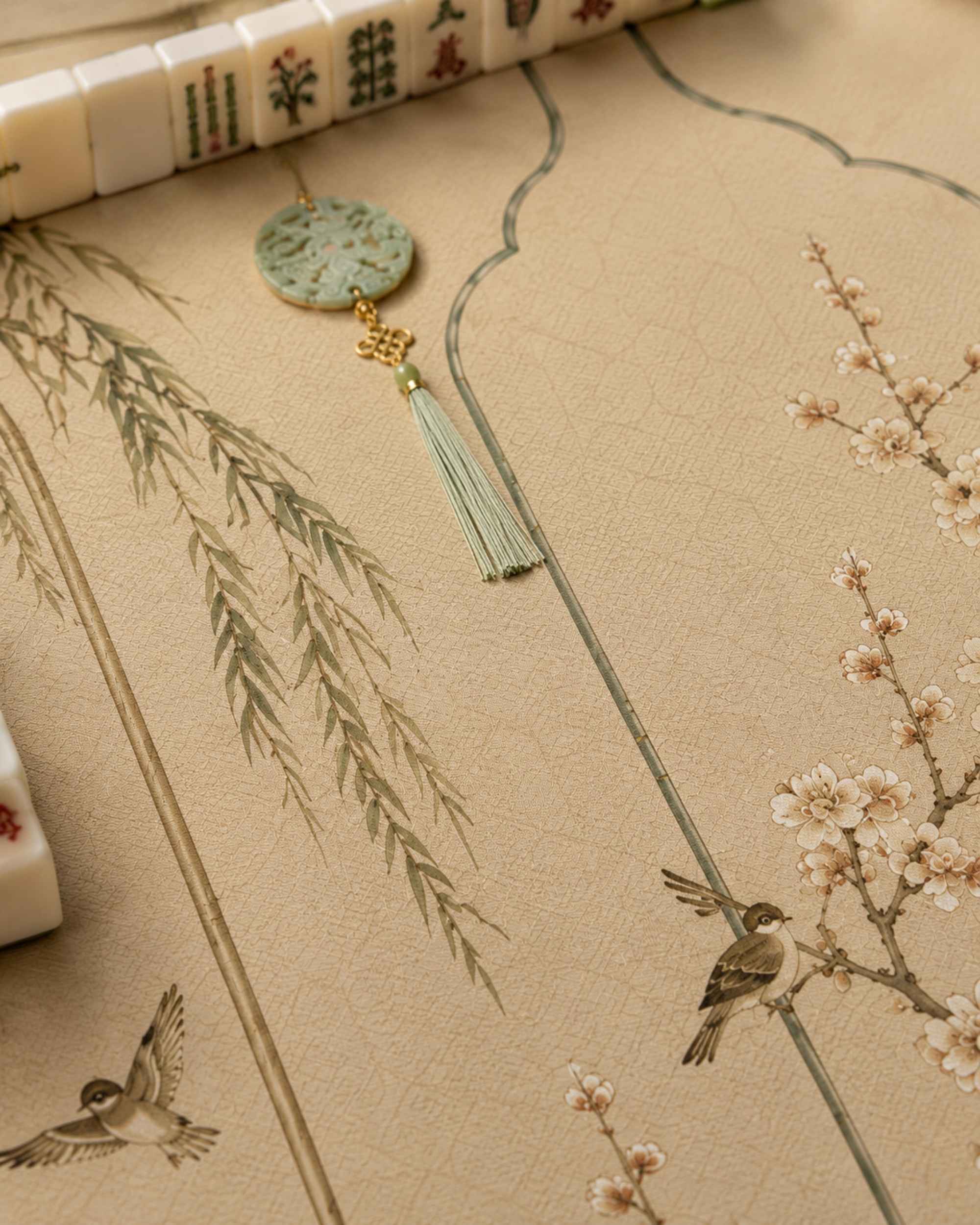 Beige decorative mahjong mat corner with branch and cherry blossom pattern