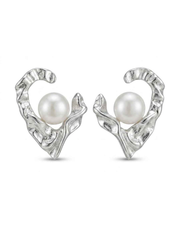 Heart-shaped silver stud earrings with round white pearl and clear crystal texture
