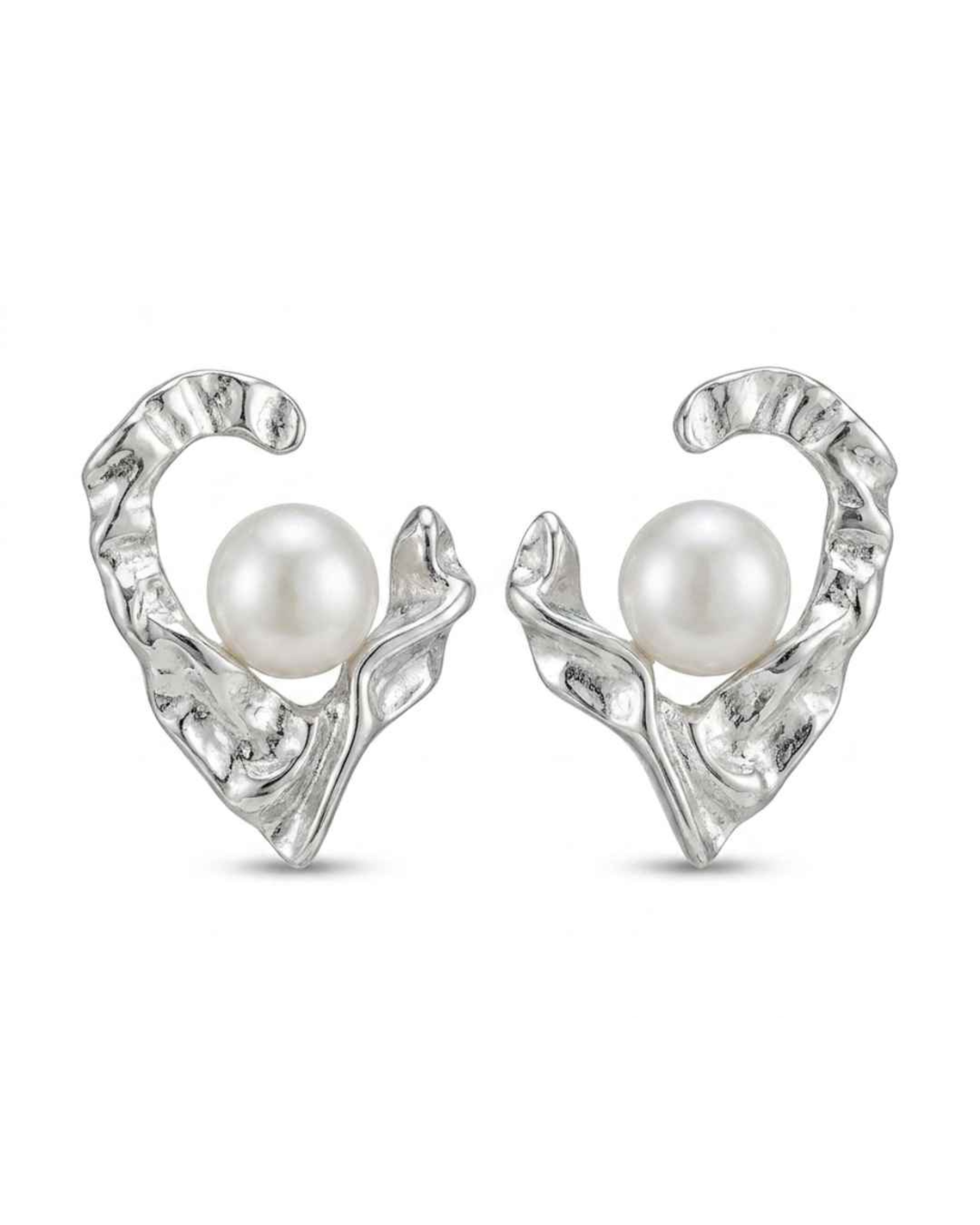 Heart-shaped silver stud earrings with round white pearl and clear crystal texture