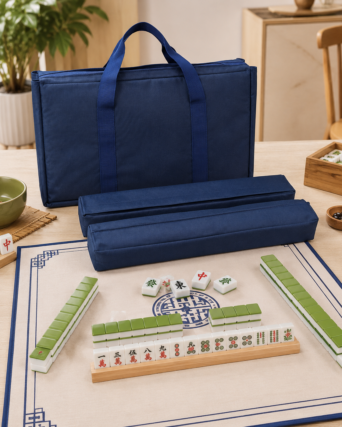 Premsons® Mahjong Carry Bag with 2 Tile & Rack Cases | Premium Travel Storage Bag Set Blue