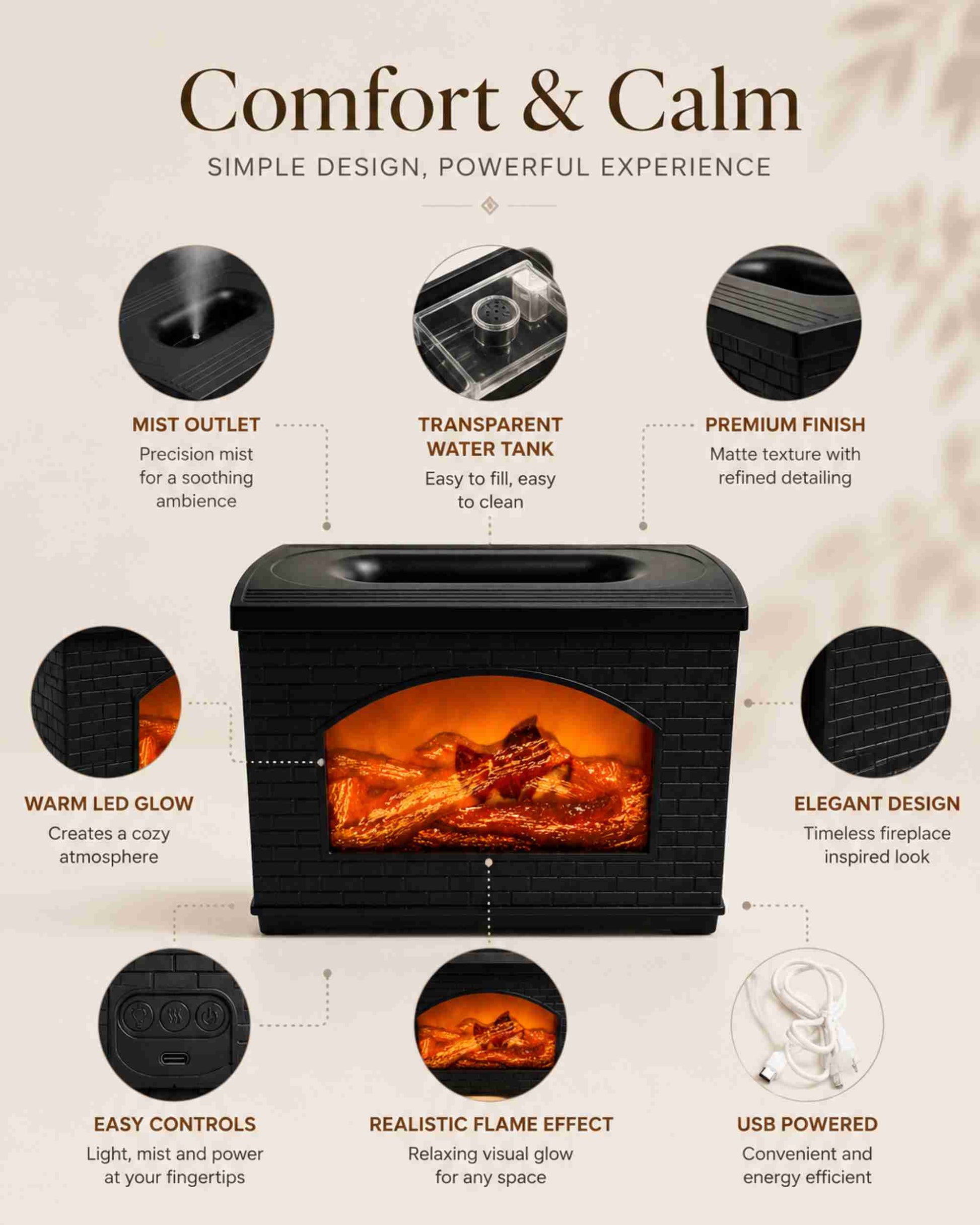 Black flame aroma diffuser with arched flame window and dark matte texture finish