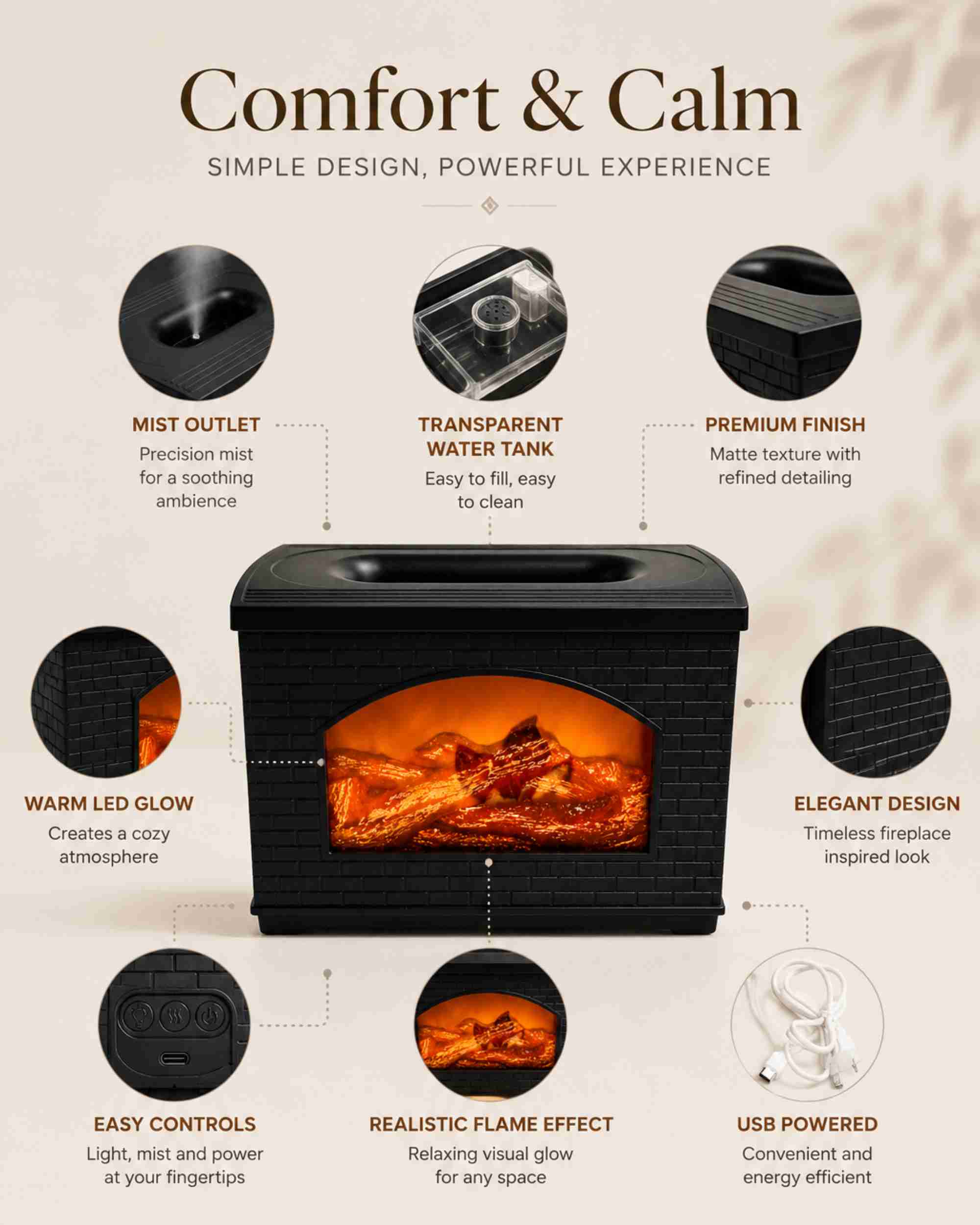 Black flame aroma diffuser with arched flame window and dark matte texture finish