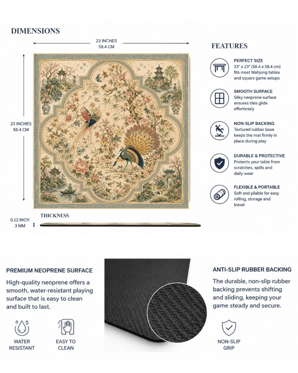 Premsons® Songbirds of Suzhou Mahjong Table Mat – Premium Anti-Slip Square Gaming & Decorative Mat - 23 x 23 inch - Versatile Non-Slip Play Surface