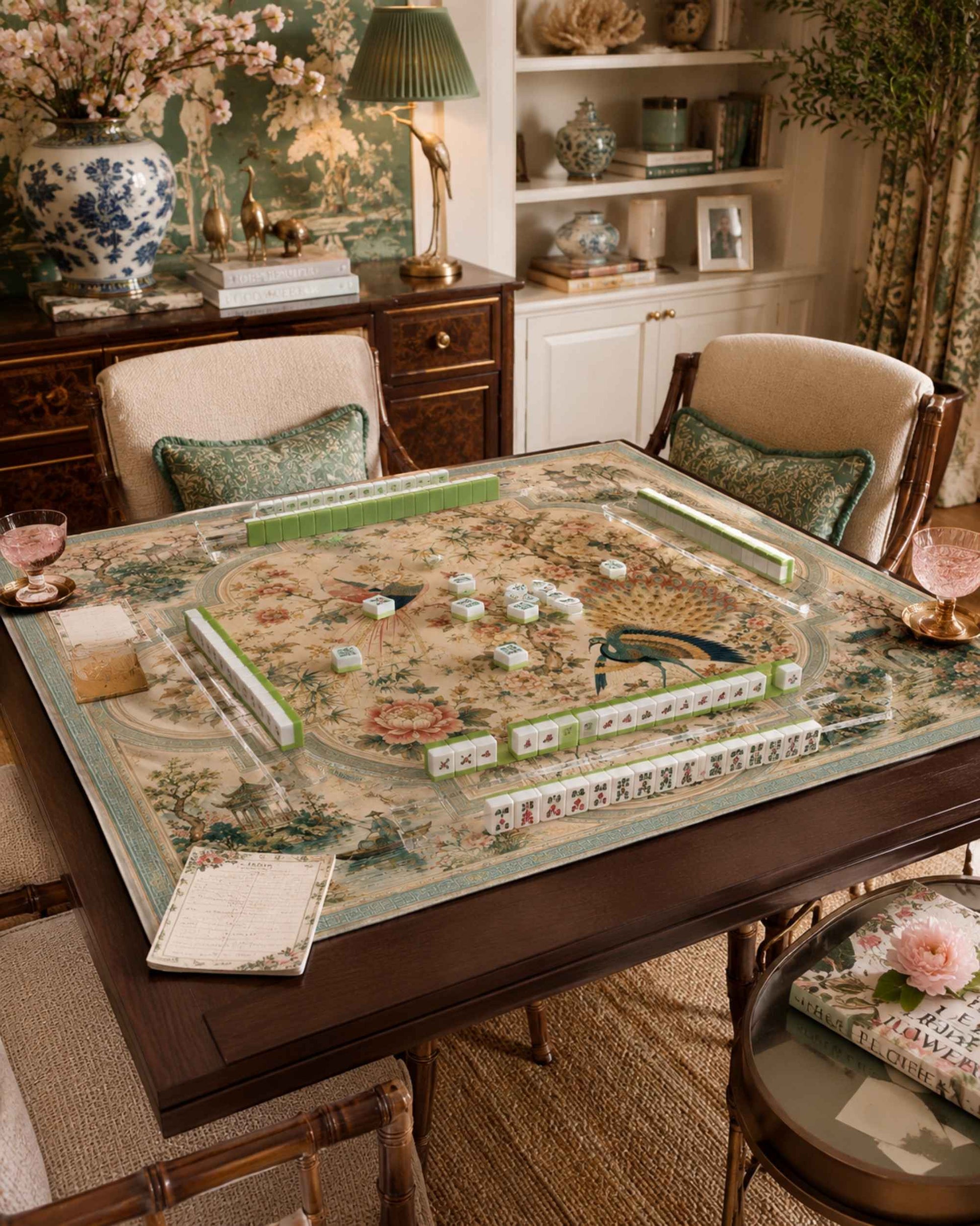Square gaming table mat on tabletop with peacock and blossoms border design