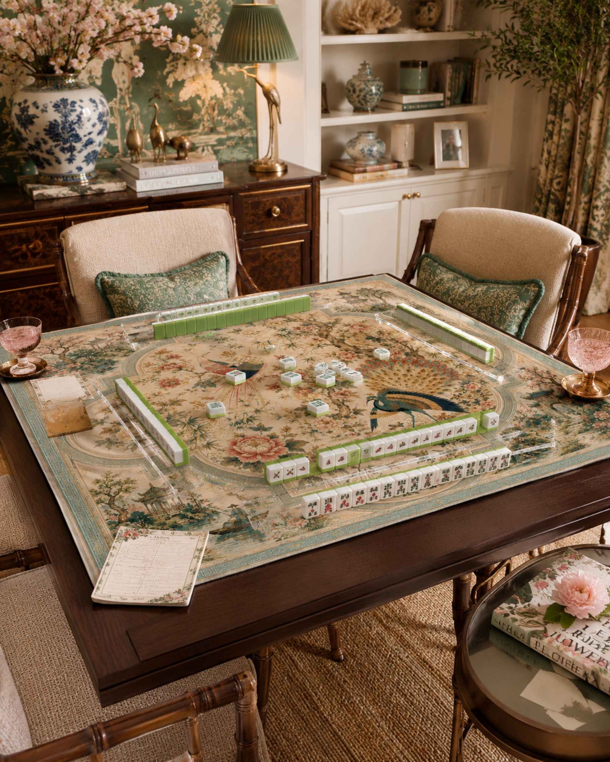 Square gaming table mat on tabletop with peacock and blossoms border design