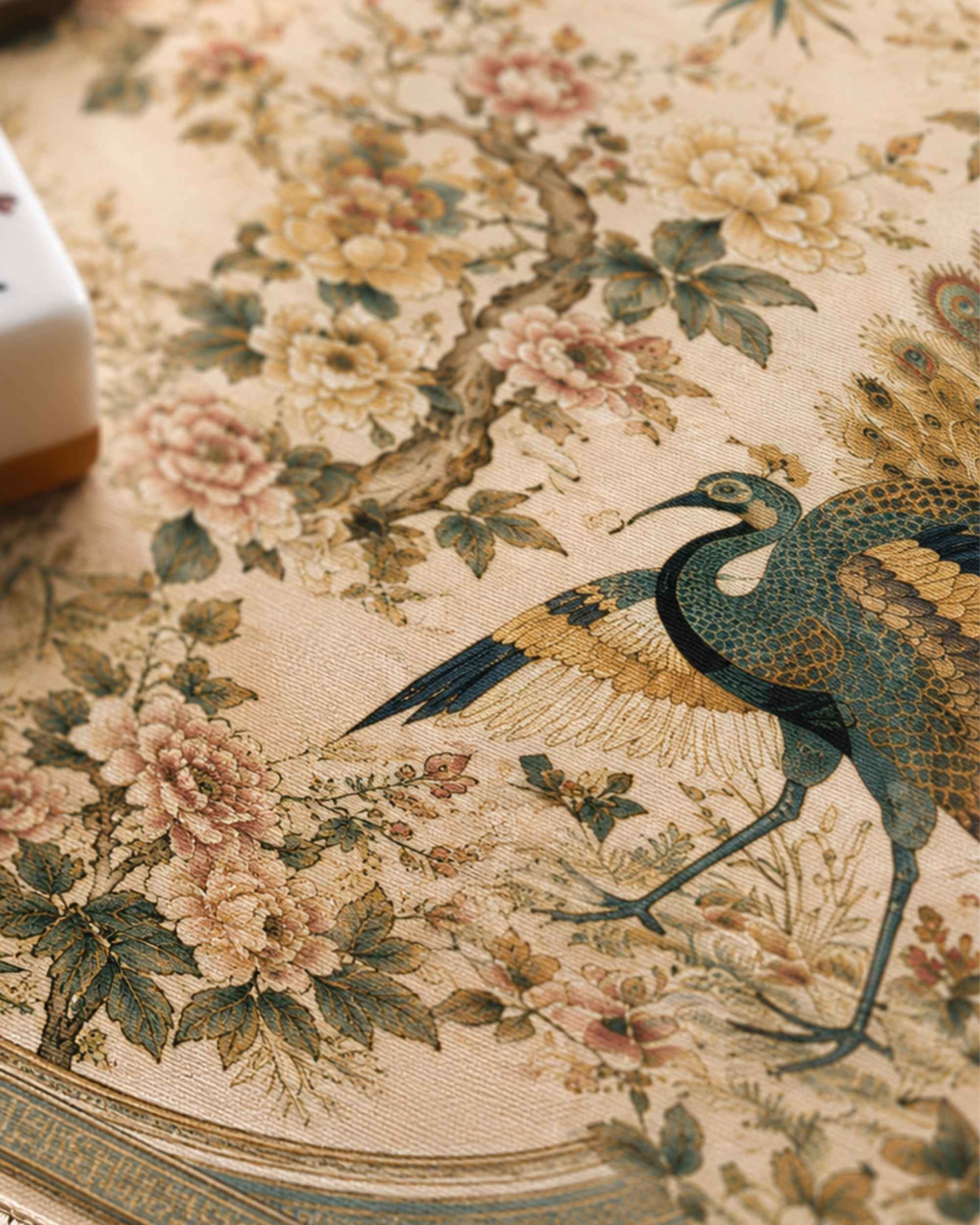 Close-up square table mat with peacock bird and pink floral vines on beige fabric