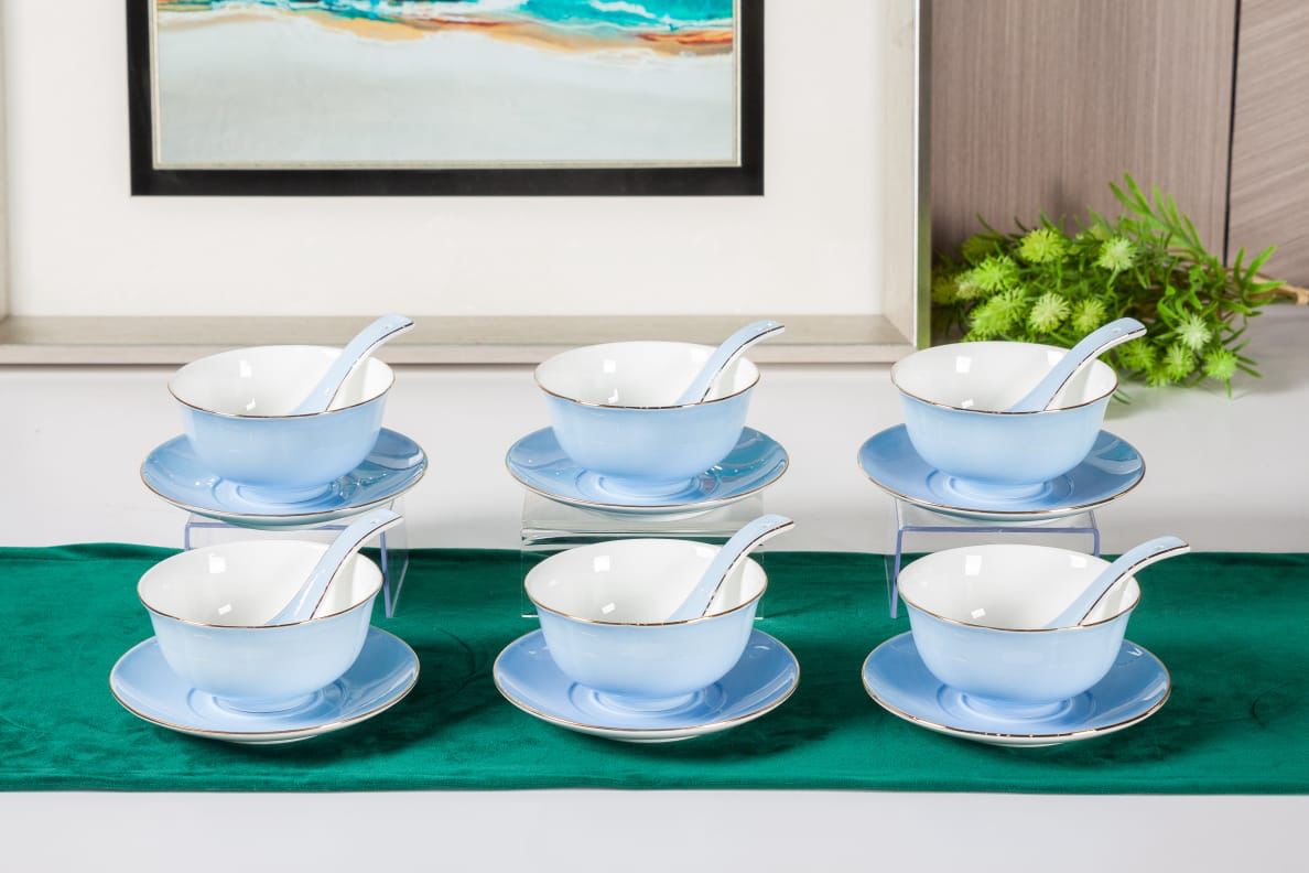 Premsons® Porcelain Soup Bowls with Spoon Set of 6 – Elegant Dinner Party Bowls for Soup, Gazpacho & More - Powder Blue
