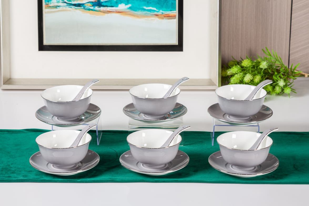 Premsons® Porcelain Soup Bowls with Spoon Set of 6 – Elegant Dinner Party Bowls for Soup, Gazpacho & More - Teal Green