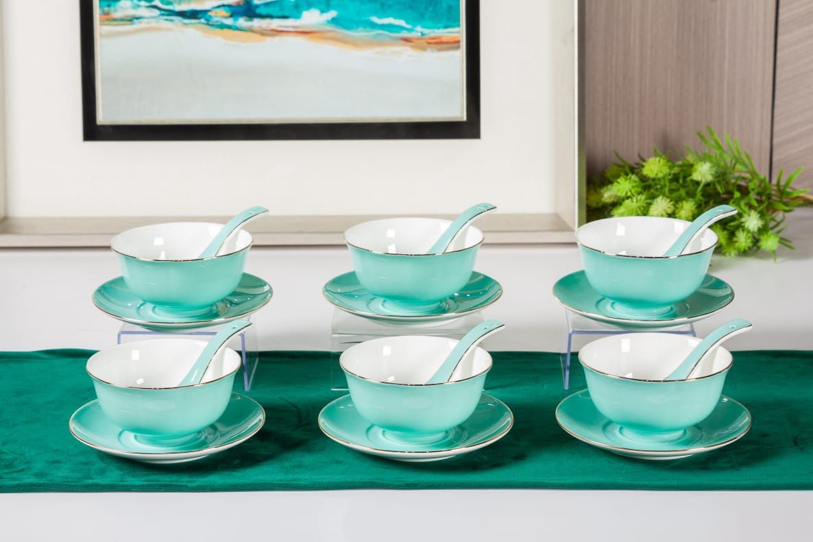 Premsons® Porcelain Soup Bowls with Spoon Set of 6 – Elegant Dinner Party Bowls for Soup, Gazpacho & More - Mint Green