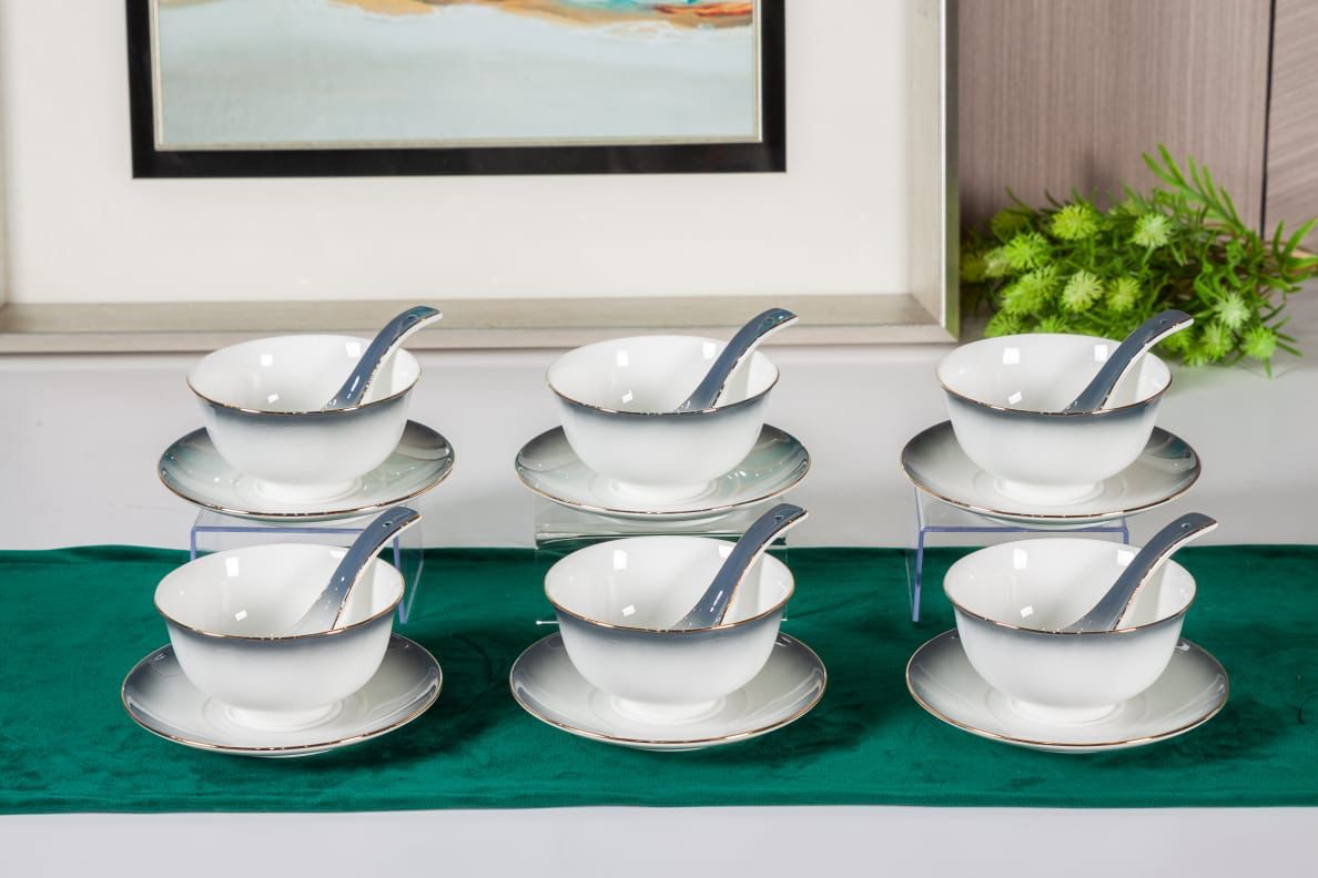 Premsons® Porcelain Soup Bowls with Spoon Set of 6 – Elegant Dinner Party Bowls for Soup, Gazpacho & More - Ombre Grey