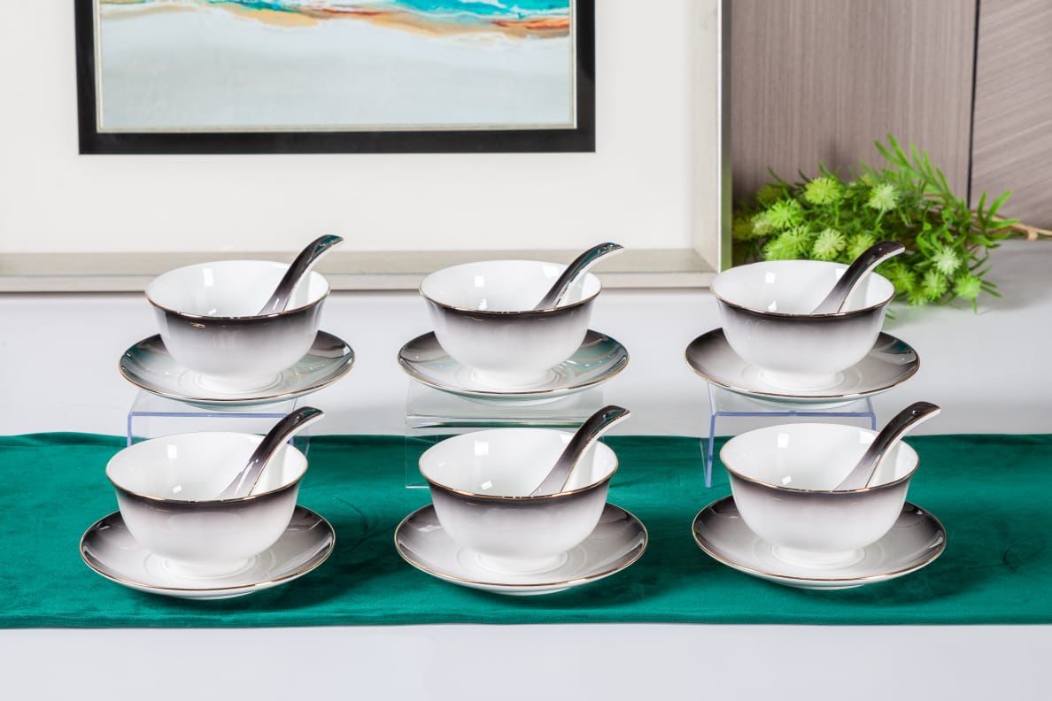 Premsons® Porcelain Soup Bowls with Spoon Set of 6 – Elegant Dinner Party Bowls for Soup, Gazpacho & More - Ombre Black