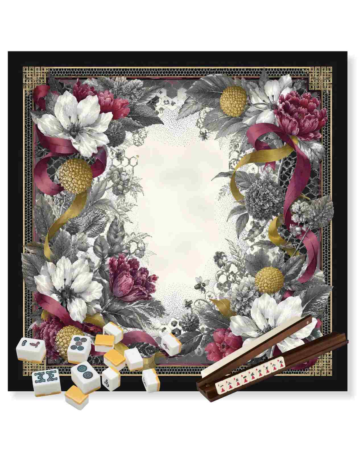 Square floral mahjong table mat with gold, pink, and gray flower design