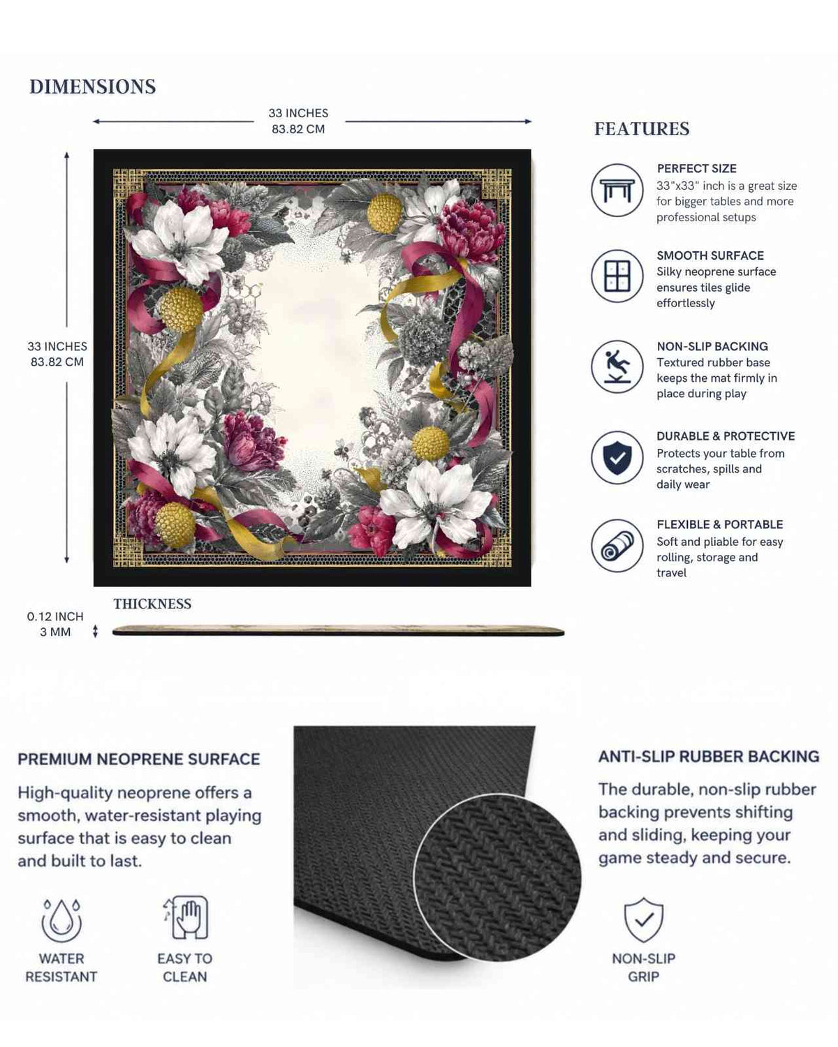Square anti-slip mahjong mat with patterned surface and textured rubber backing