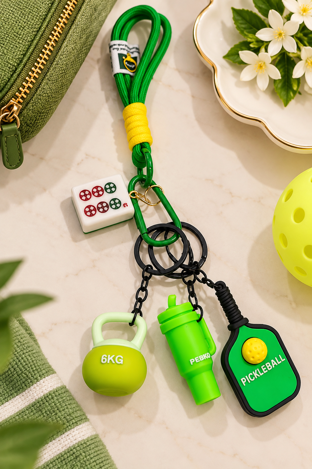 Mahjong tile keychain with green charms, red inlaid tile, weight tag, bottle, and paddle