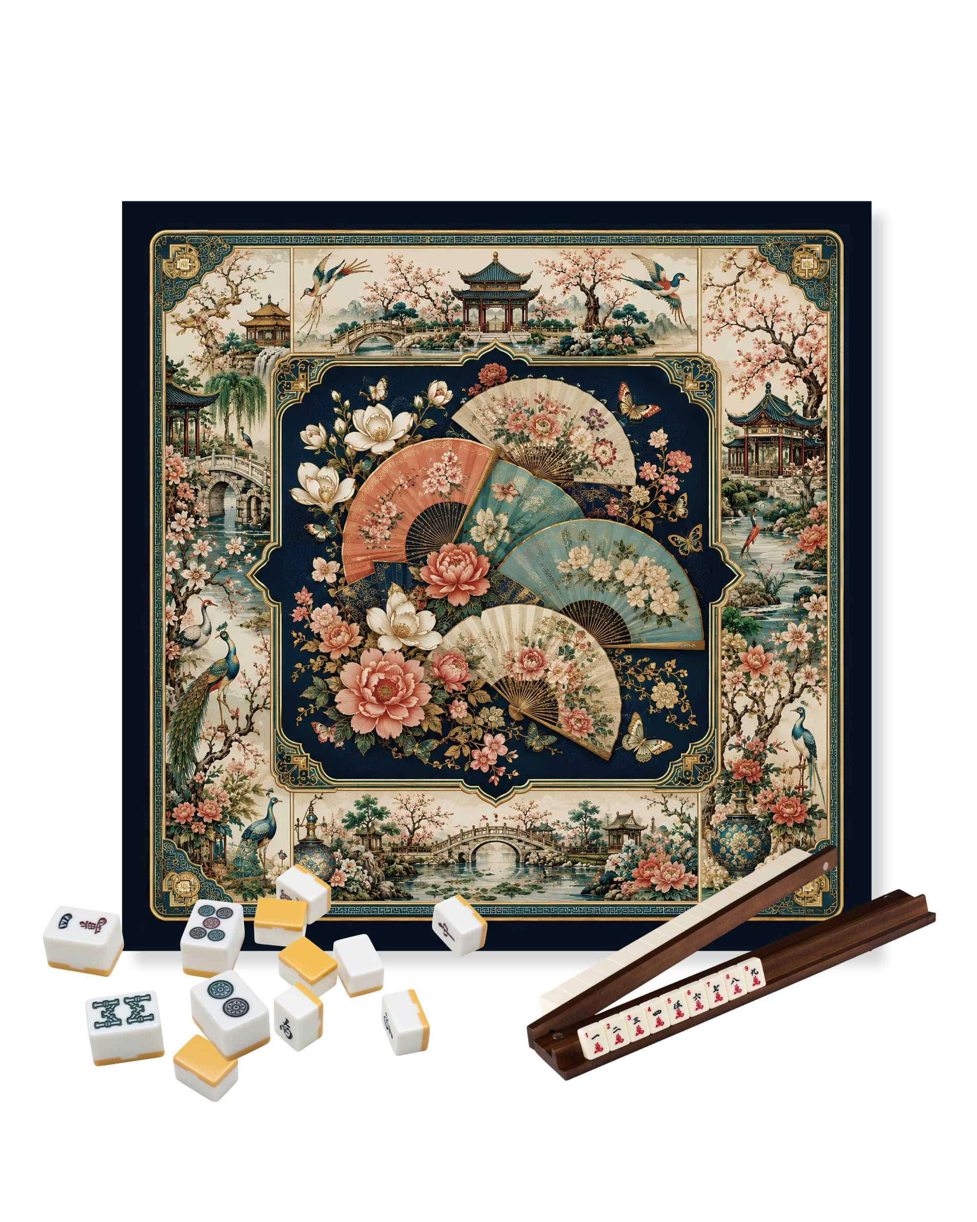 Square mahjong table mat with decorative floral fan artwork, dark navy frame