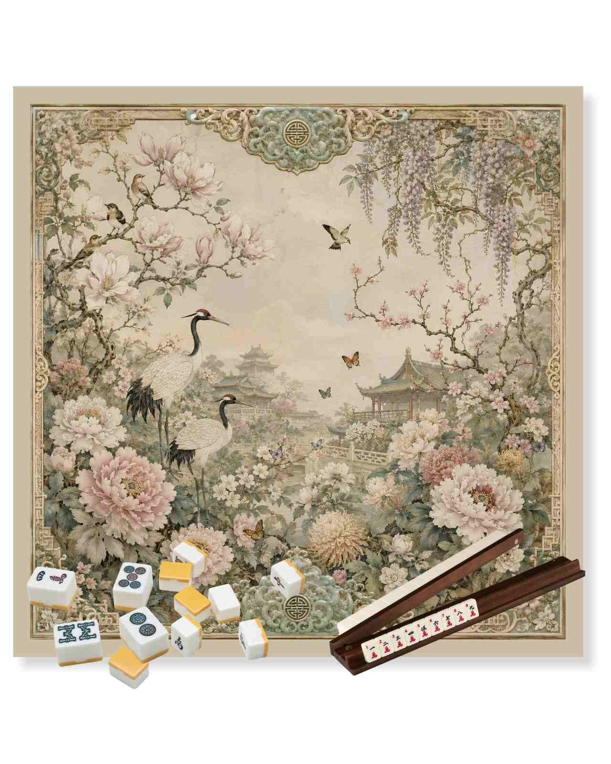 Decorative square mahjong table mat with floral landscape, cranes, and ornate border