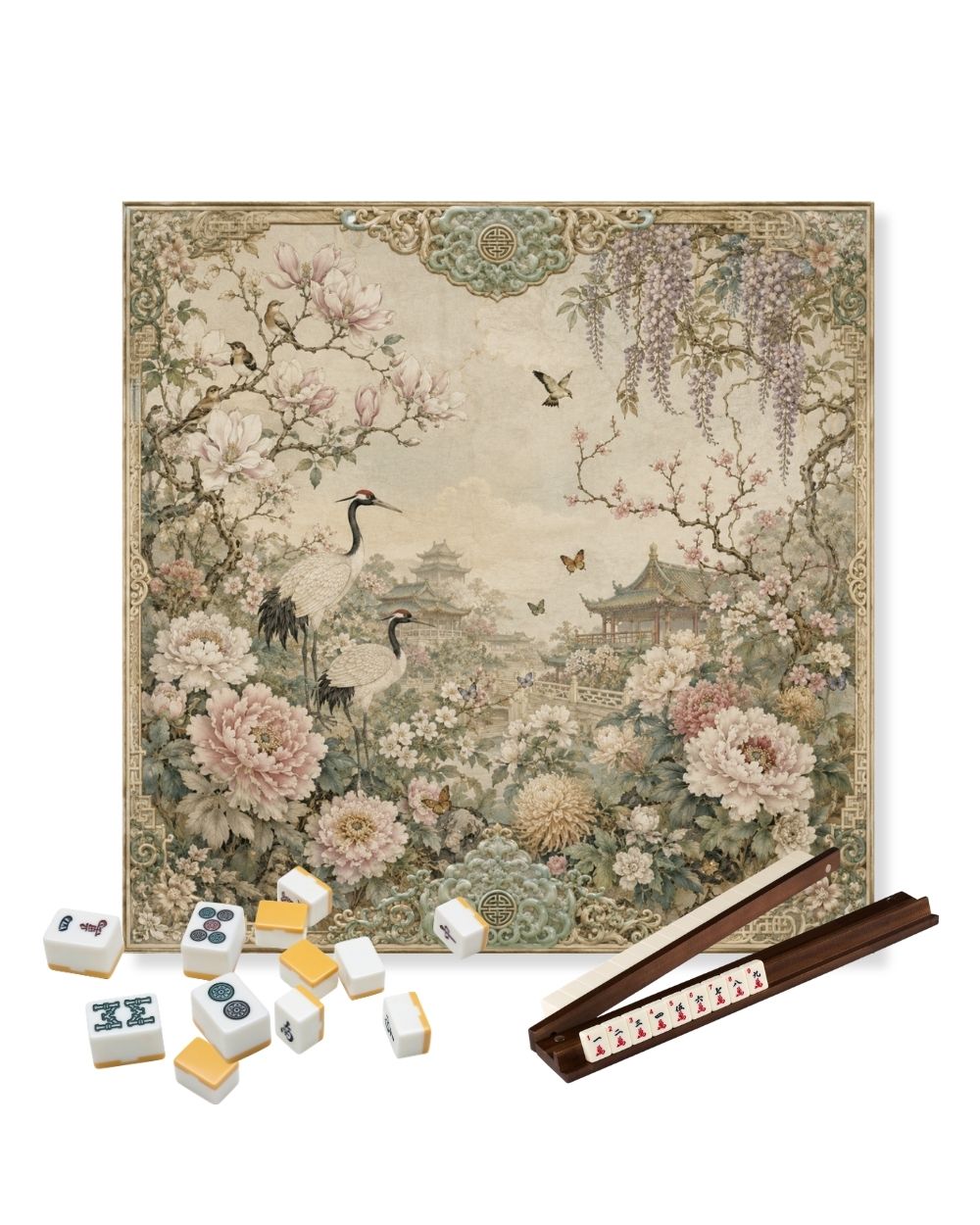 Premsons® Springtime in Suzhou Mahjong Table Mat – Premium Anti-Slip Square Gaming & Decorative Mat - 23 x 23 inch - Versatile Non-Slip Play Surface