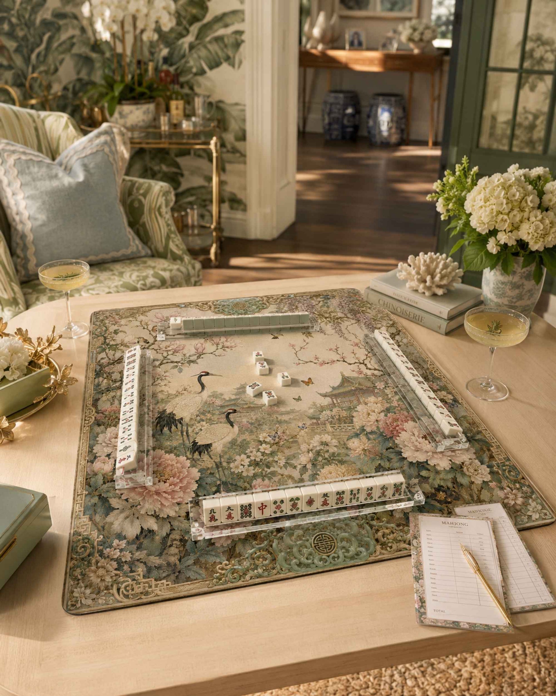Square mahjong table mat with green floral and crane print, ornate border