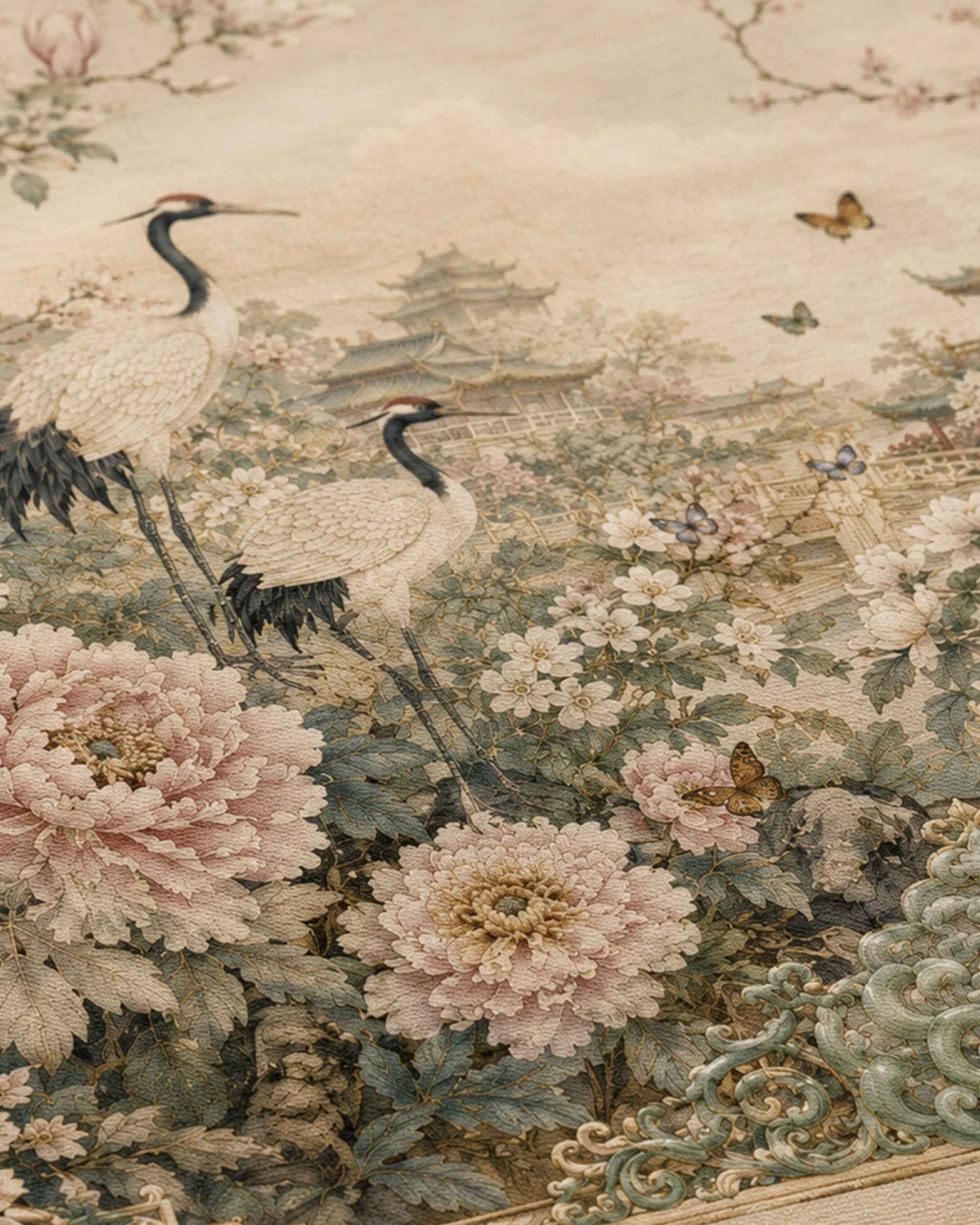 Square mahjong table mat close-up: cranes and flowers on pale background