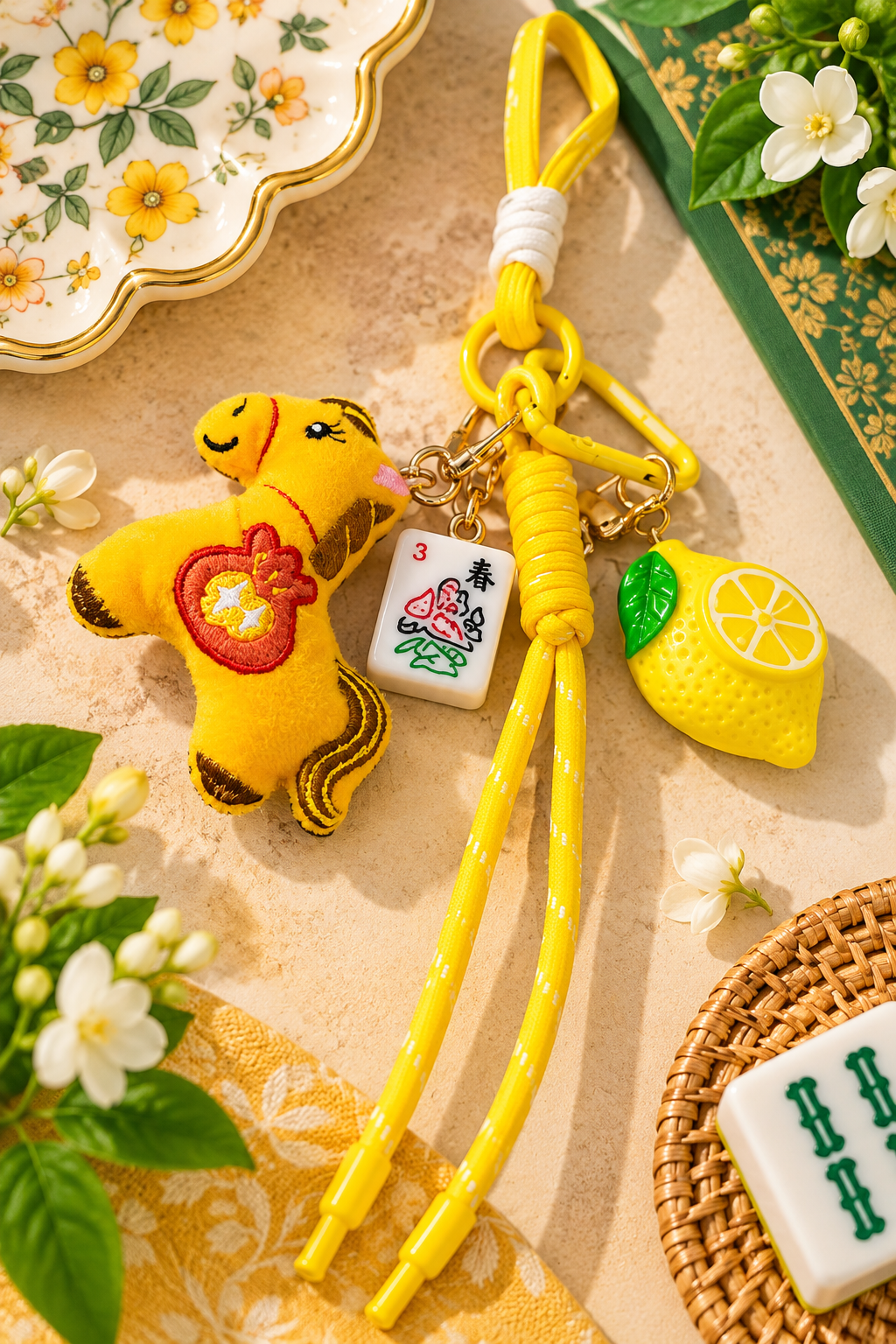 Premsons mahjong tile keychain with sunny yellow dangling charms, plush bear and lemon slice