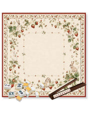 Strawberry floral table game mat with decorative border and rabbit motifs, square 33x33