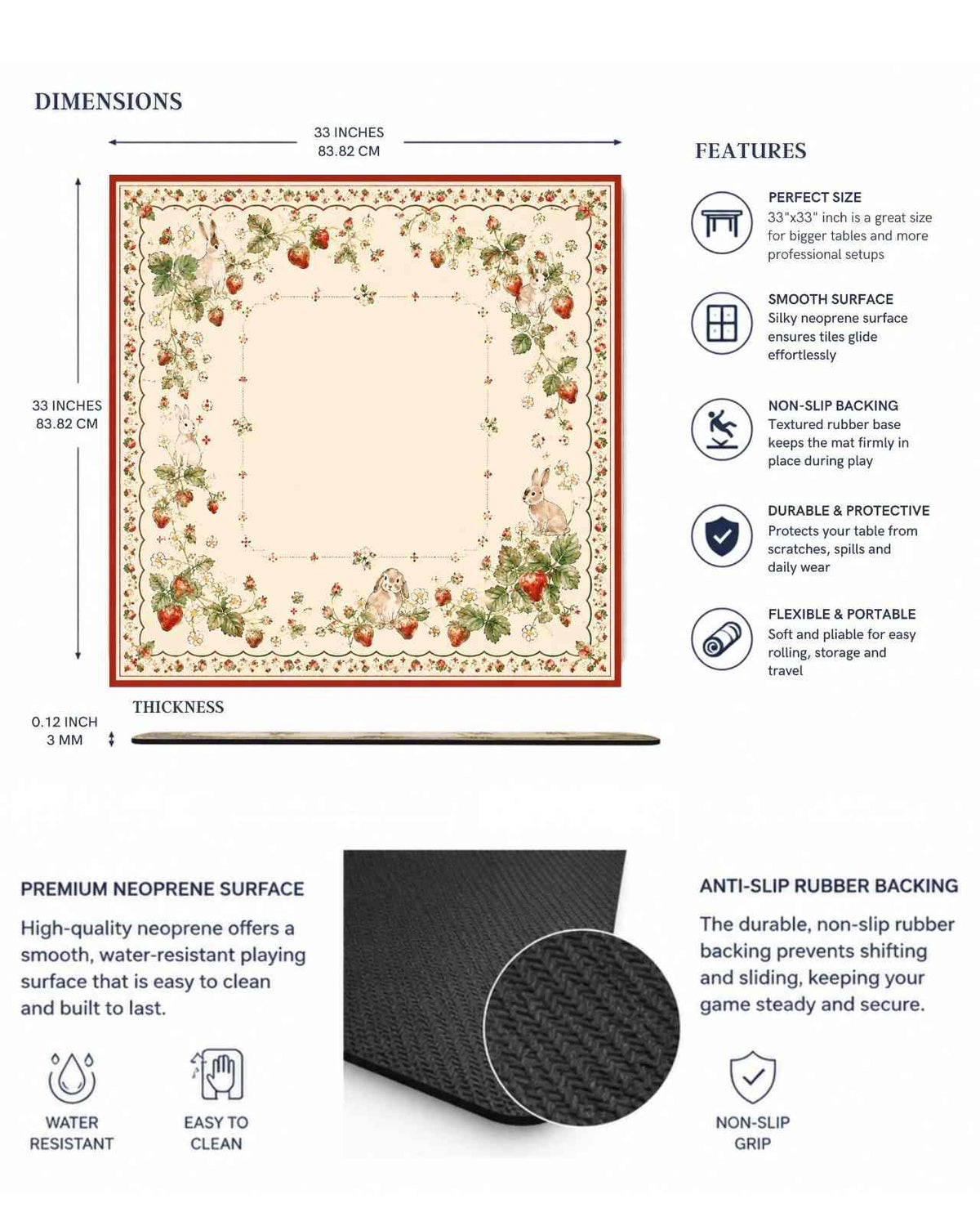Premsons Sweet Strawberry Mahjong Mat – 33 x 33 inch Large Table Game Mat