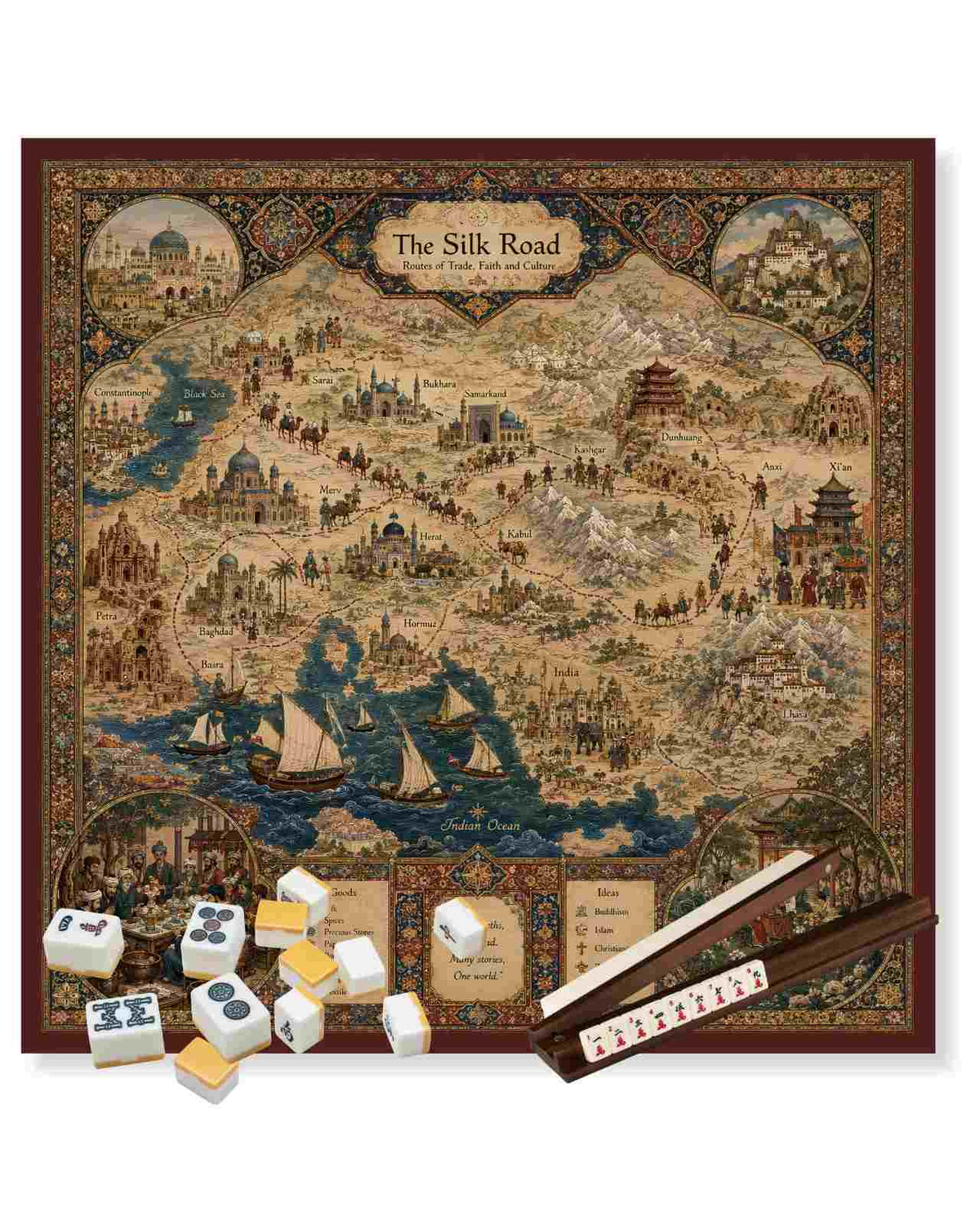 Silk Road themed mahjong table mat with ornate border and central illustrated map