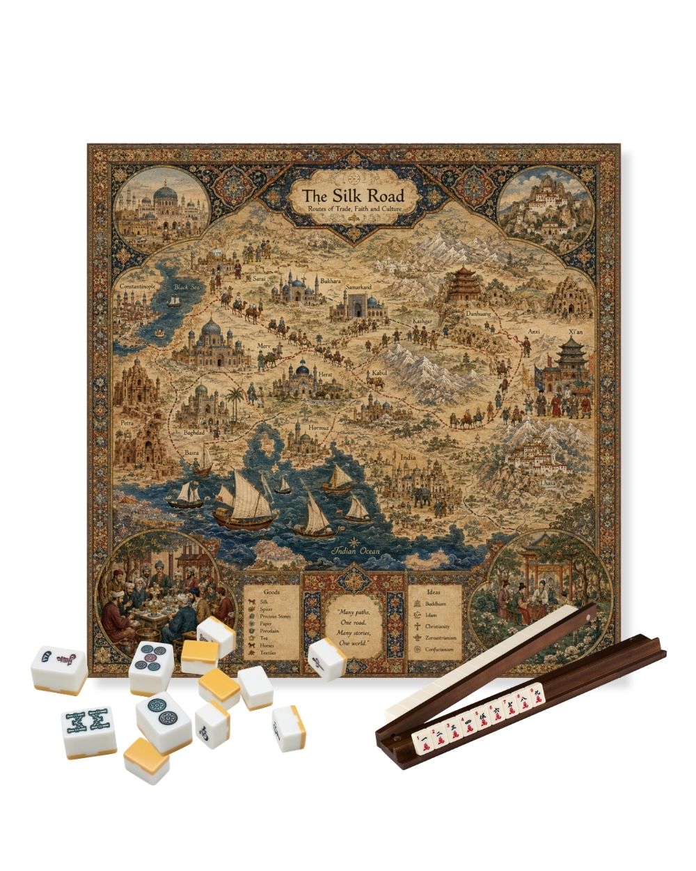 Premsons® Tales of the Silk Road Mahjong Table Mat – Premium Anti-Slip Square Gaming & Decorative Mat - 23 x 23 inch - Versatile Non-Slip Play Surface