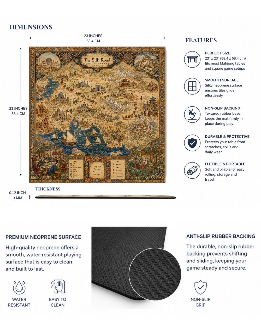 Premsons® Tales of the Silk Road Mahjong Table Mat – Premium Anti-Slip Square Gaming & Decorative Mat - 23 x 23 inch - Versatile Non-Slip Play Surface