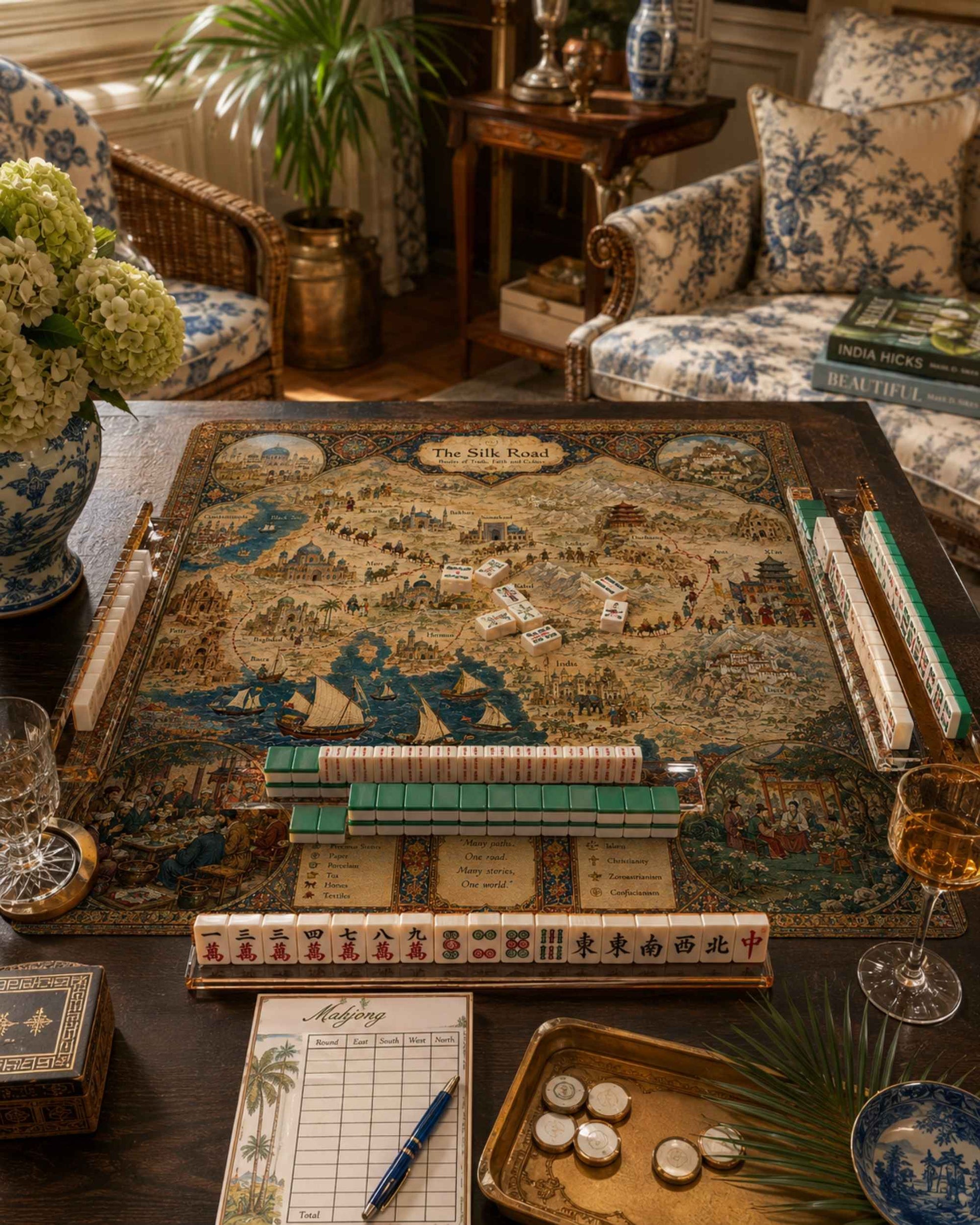 Silk Road themed mahjong table mat on a table with game tiles