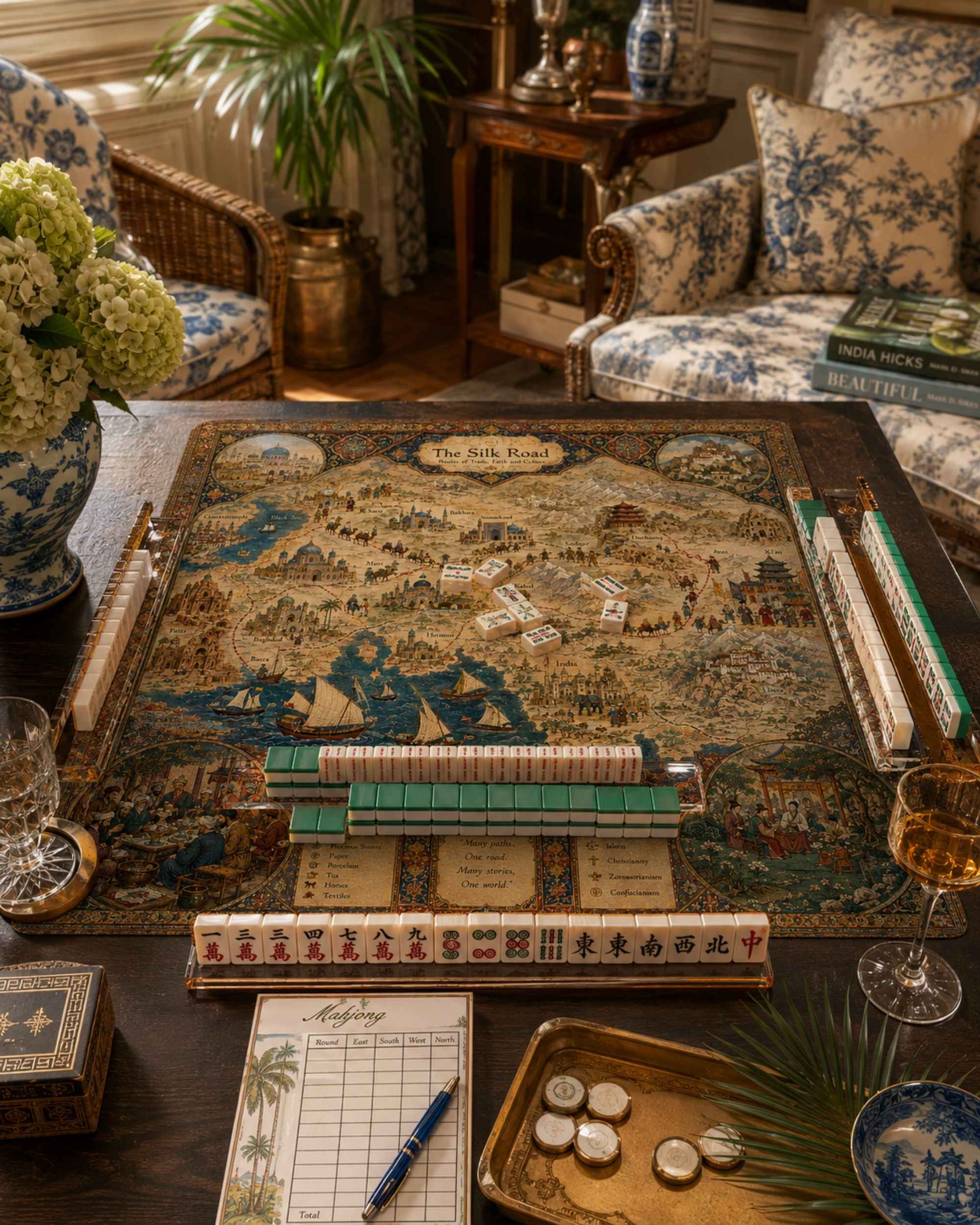 Silk Road themed mahjong table mat on a table with game tiles