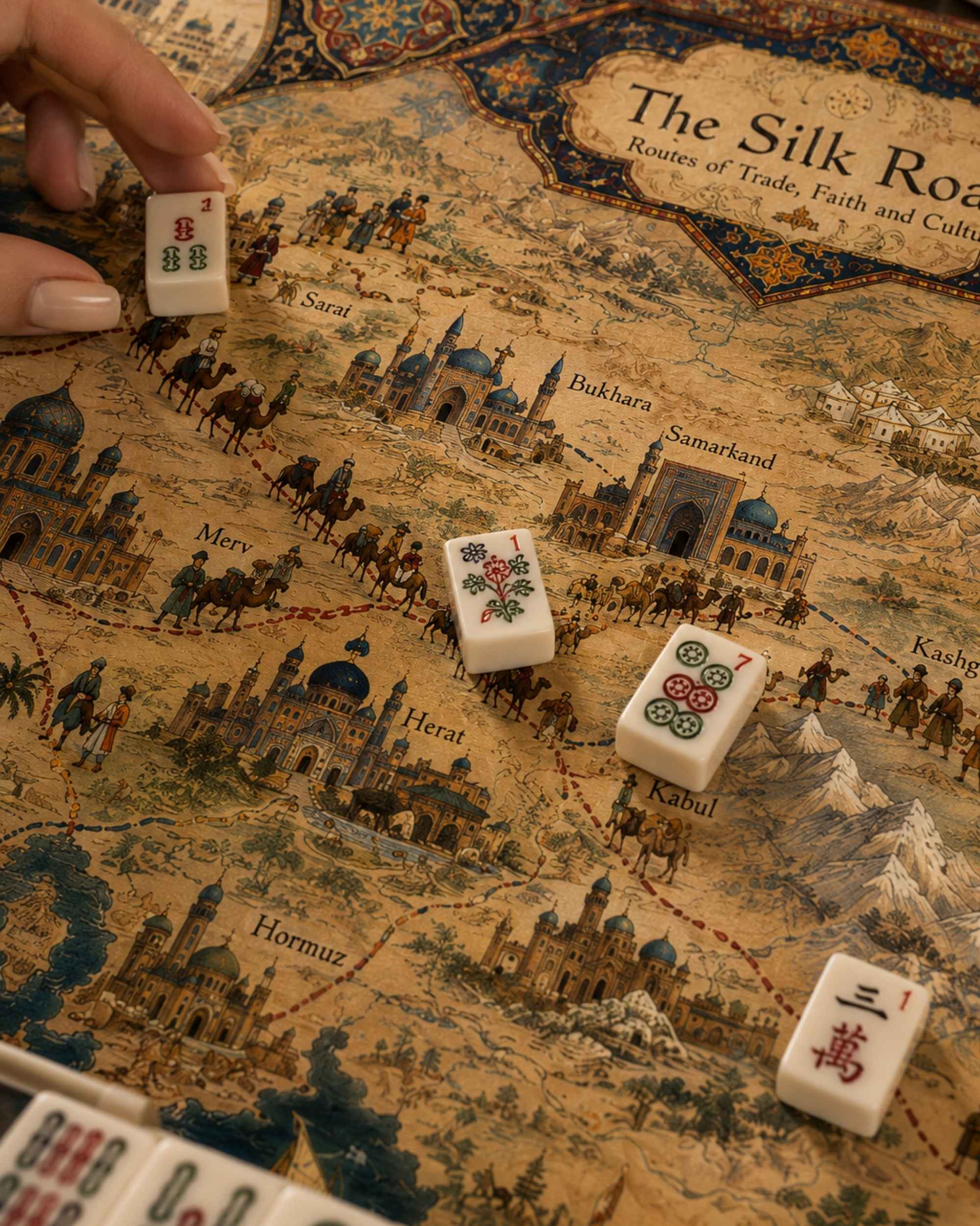 Close-up of mahjong tiles on a Silk Road themed table mat