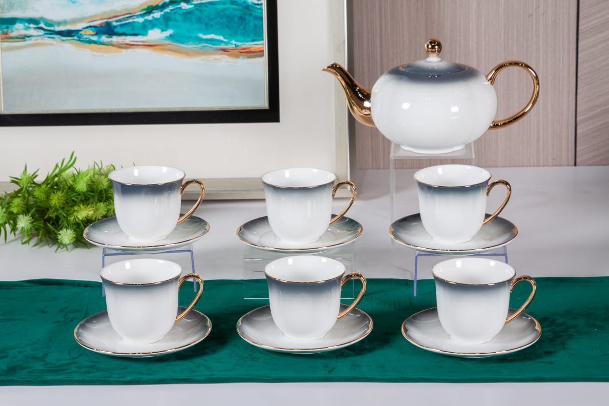 Premsons® High Tea Cup, Saucer & Teapot Set – Elegant Porcelain Tea Set for High Tea – Ombre Grey