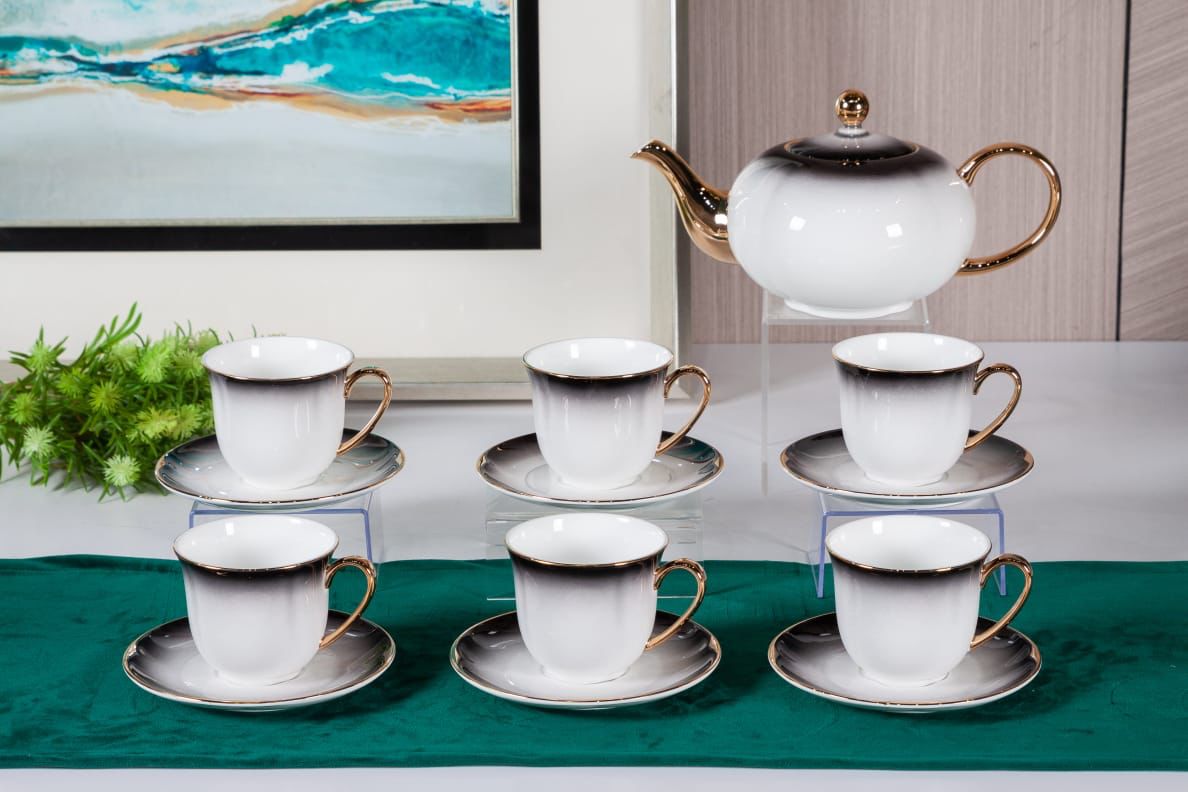 Premsons® High Tea Cup, Saucer & Teapot Set – Elegant Porcelain Tea Set for High Tea – Ombre Black