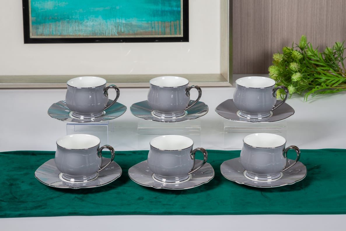 Premsons® Afternoon Tea Cup & Saucer Set – Elegant Porcelain Tea Cups for Tea & Coffee – Solid Grey