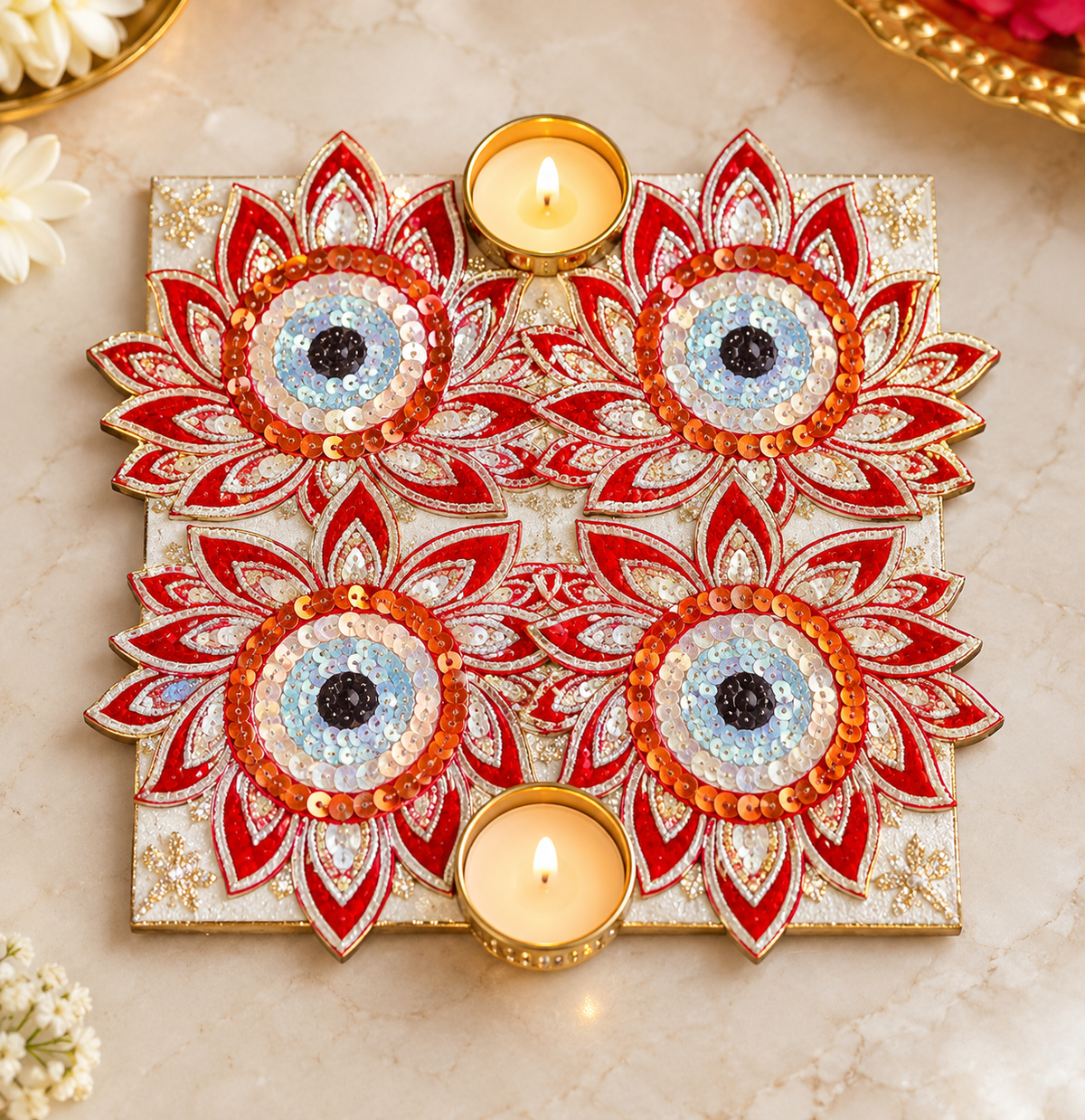 Premsons® Decorative Rangoli Tealight Holder Set with Embellished Floral Design