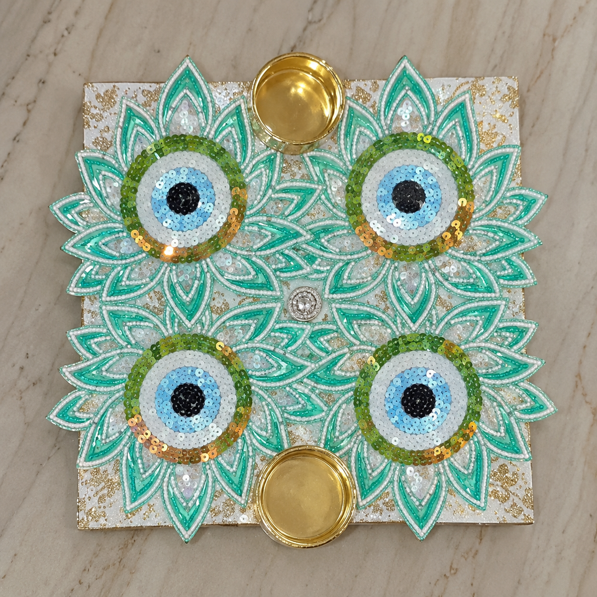 Premsons® Decorative Floral Rangoli Tealight Holder Set in Green, White & Gold