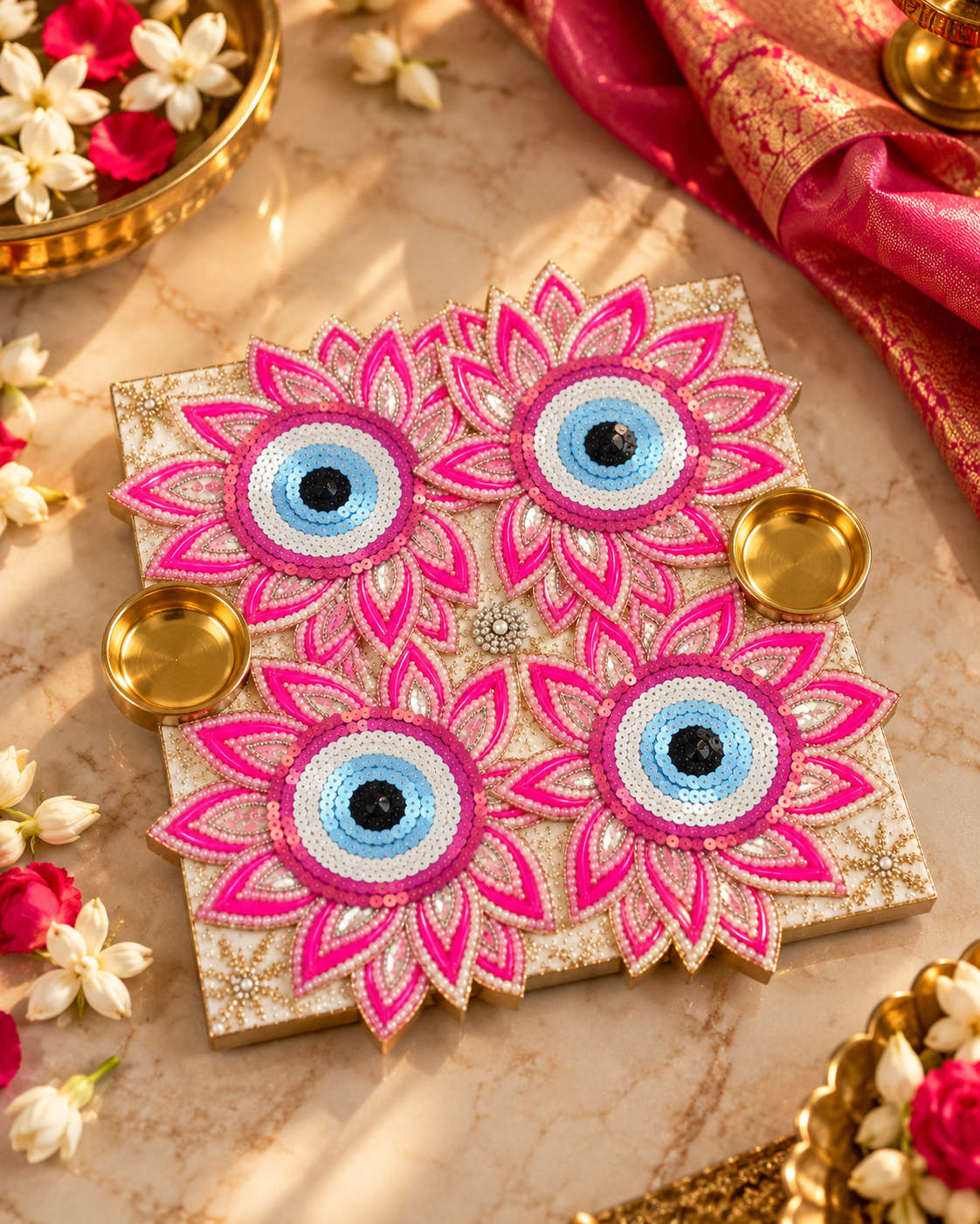 Premsons® Decorative Floral Rangoli Tealight Holder Set in Pink, White &amp; Gold
