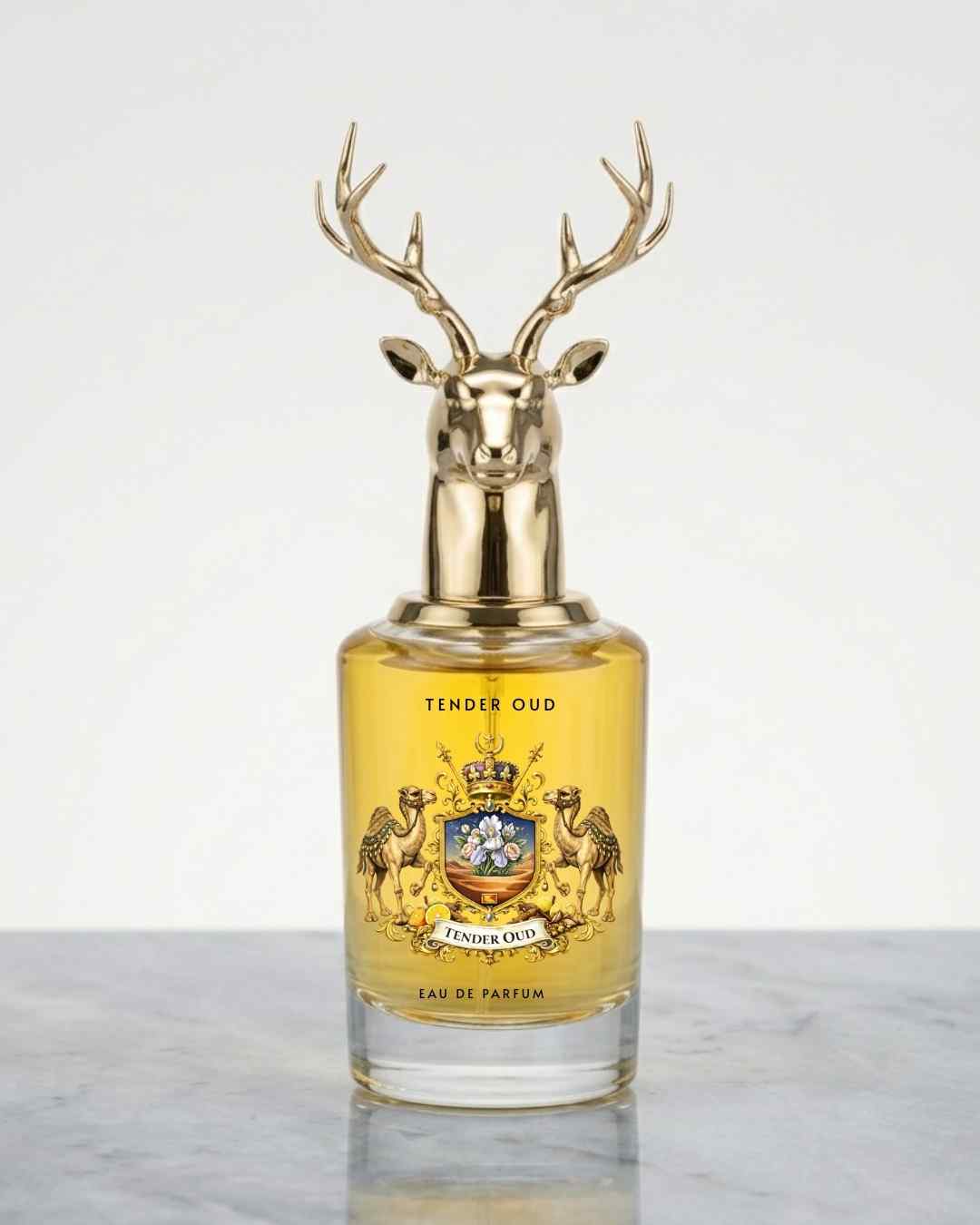 Eternia® Tender Oud eau de parfum bottle, gold deer antler cap, amber liquid